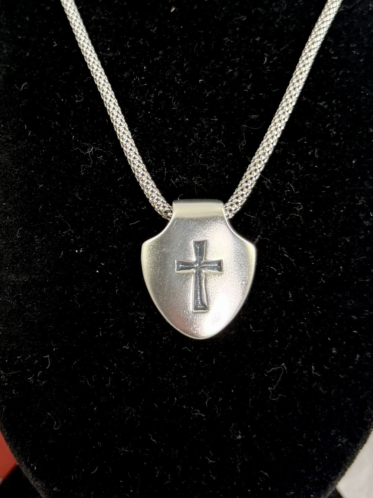 JAMES AVERY Sterling Silver Shield Faith Cross Pendant Popcorn Necklace; RETIRED