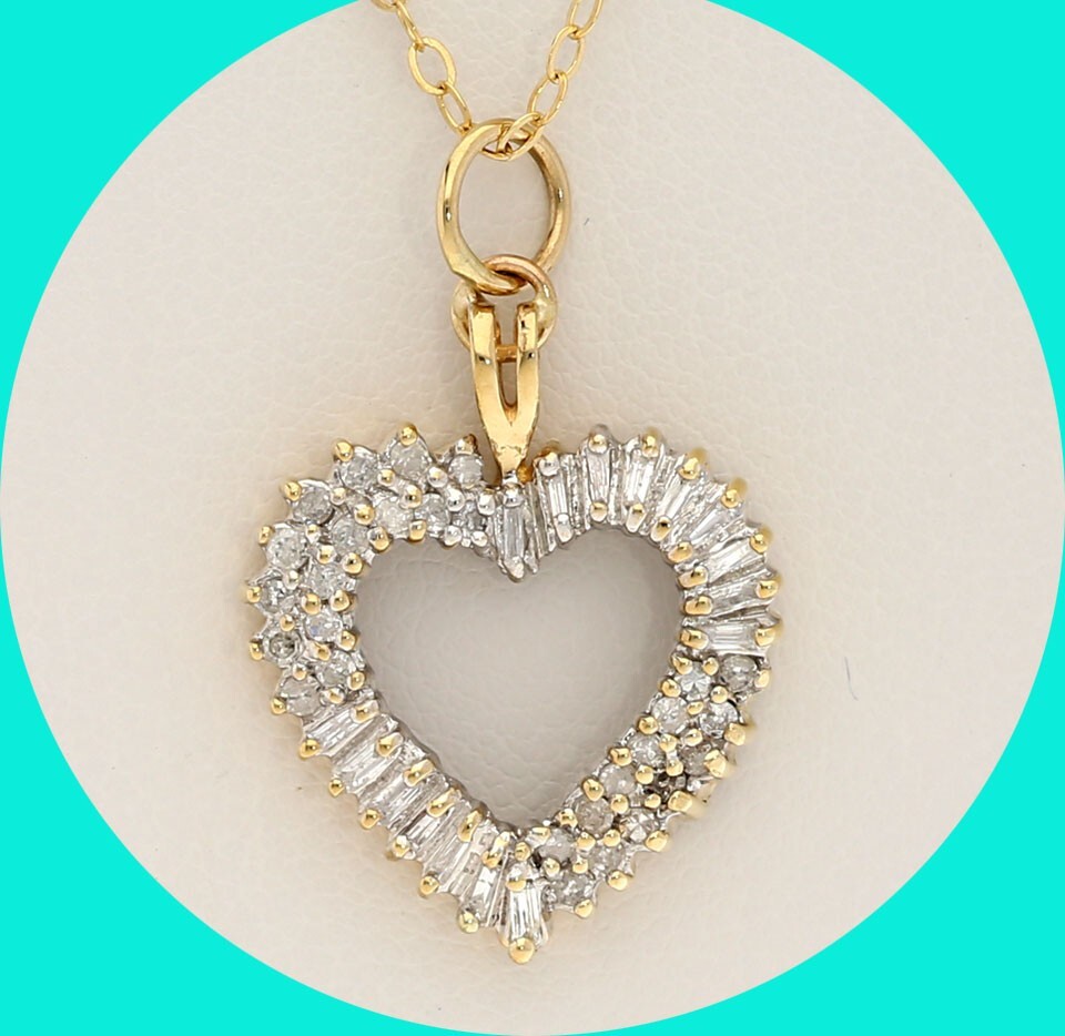 Diamond Encrusted Heart Pendant Necklace .47CT G-H Color YG 18” Chain