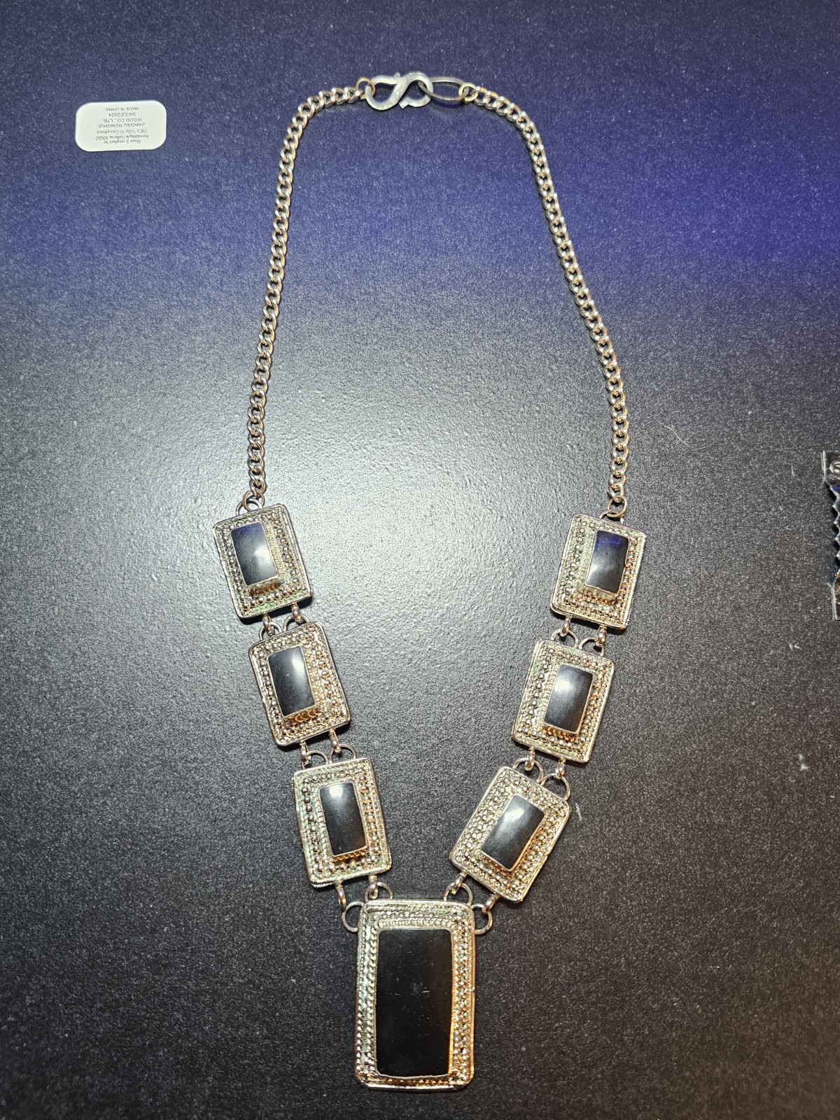 Black Onyx Rectangle Bezel Station Necklace, Signed