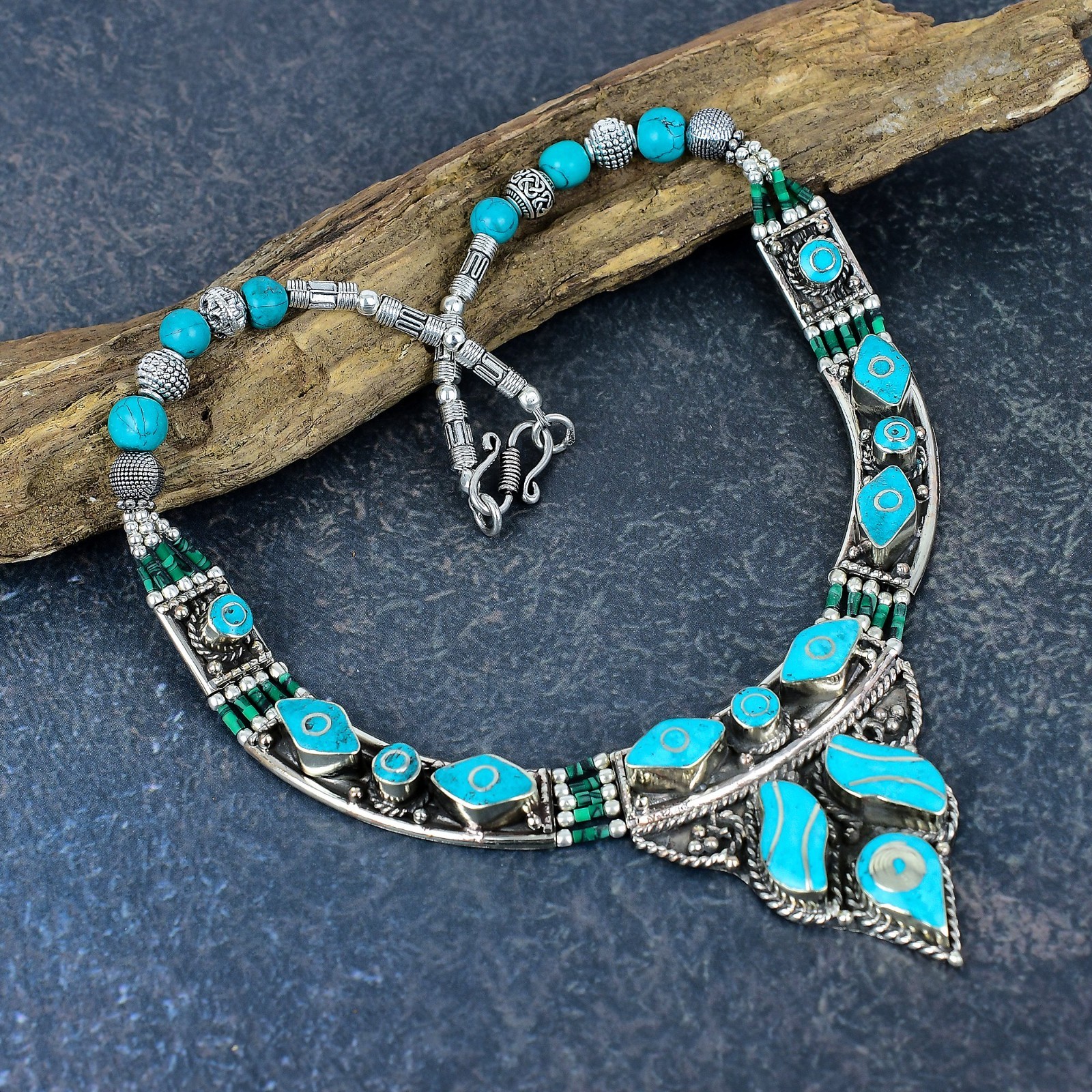 Blue Turquoise Gemstone Handmade 925 Sterling Silver Jewelry Nepali Necklace