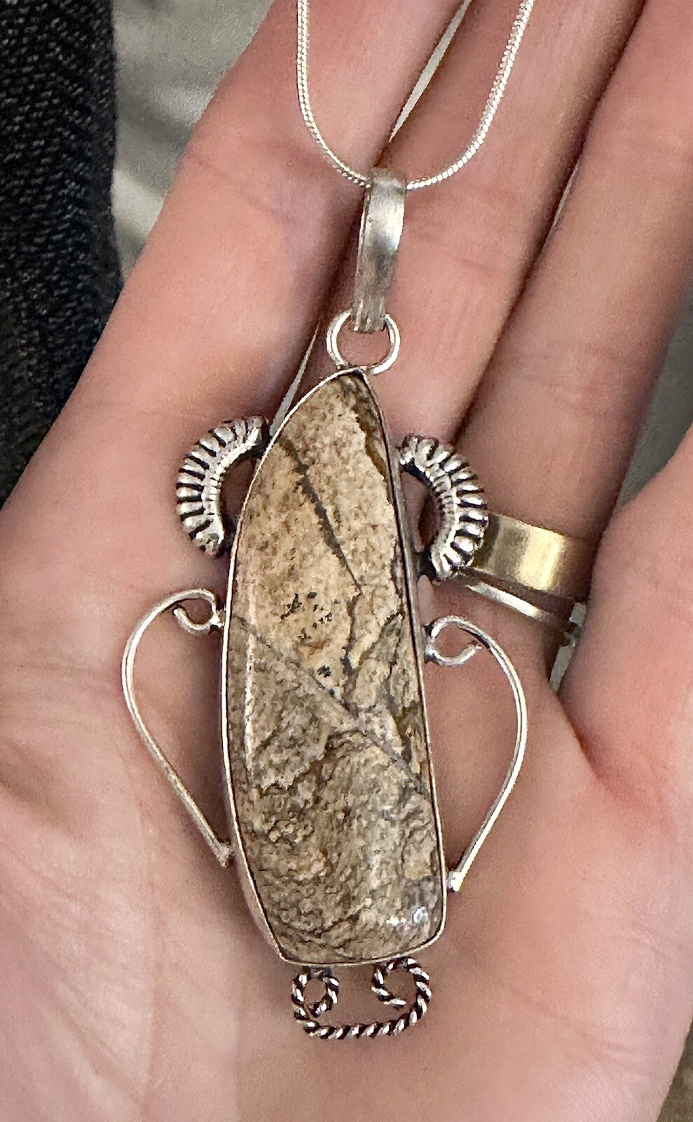 Vintage Picture Jasper 925 Sterling Silver 36 in Adjustable Pendant Necklace