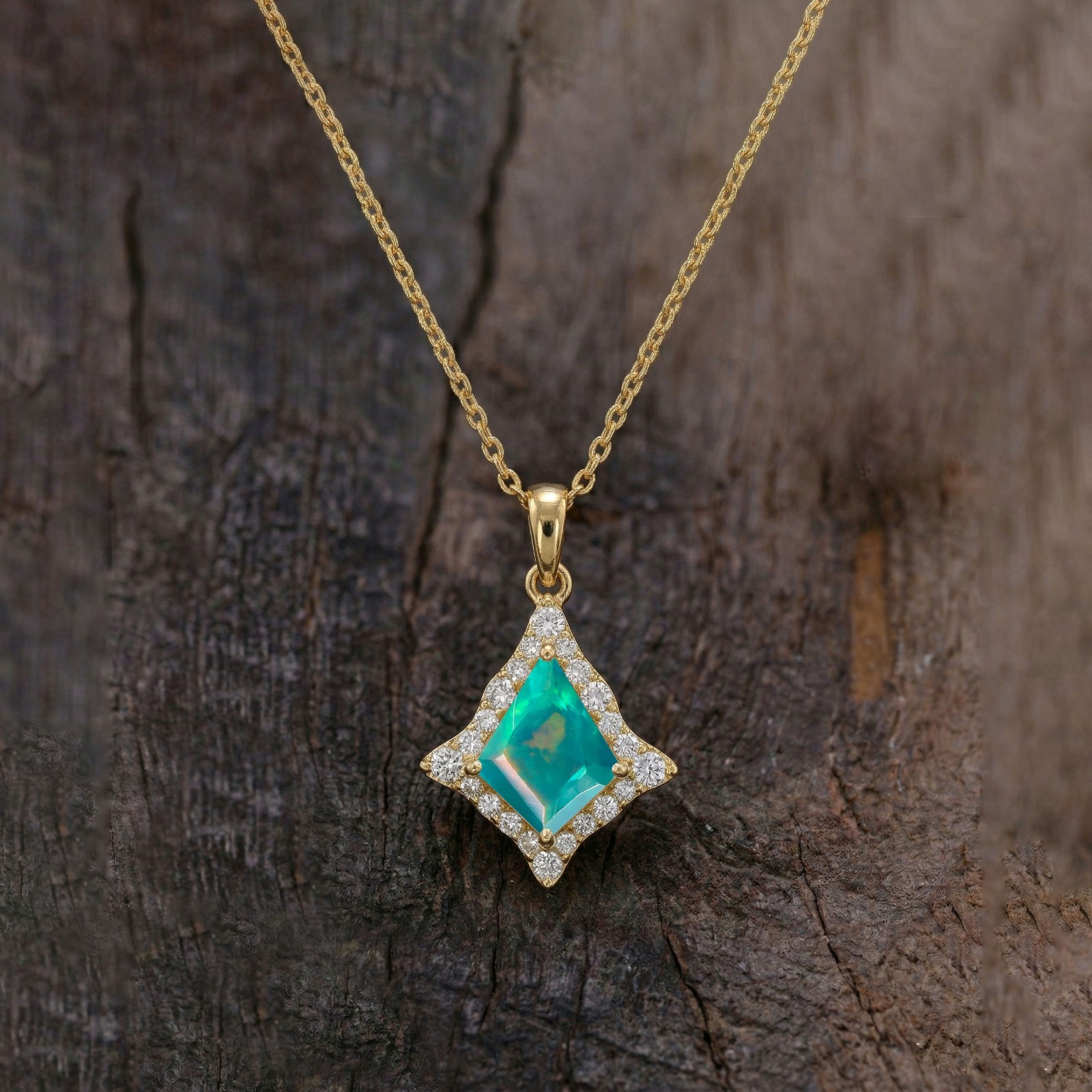 Green Opal Halo Pendant Necklace for Women, Gold Necklace,