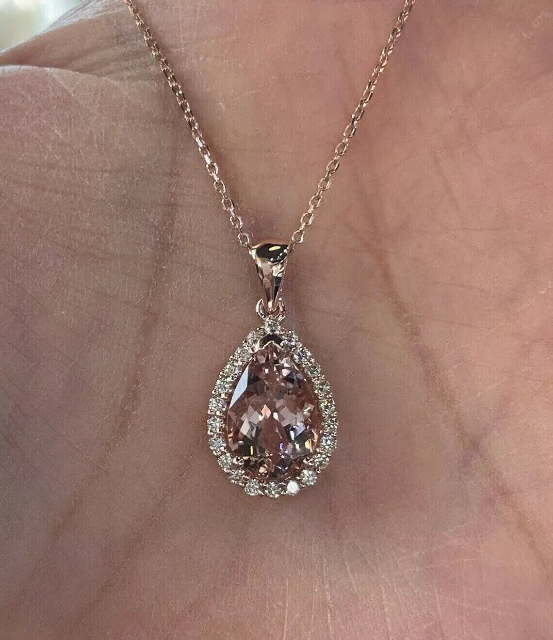 2Ct Pear Lab-Created Morganite Teardrop Pendant 14K Rose Gold Plated Free Chain