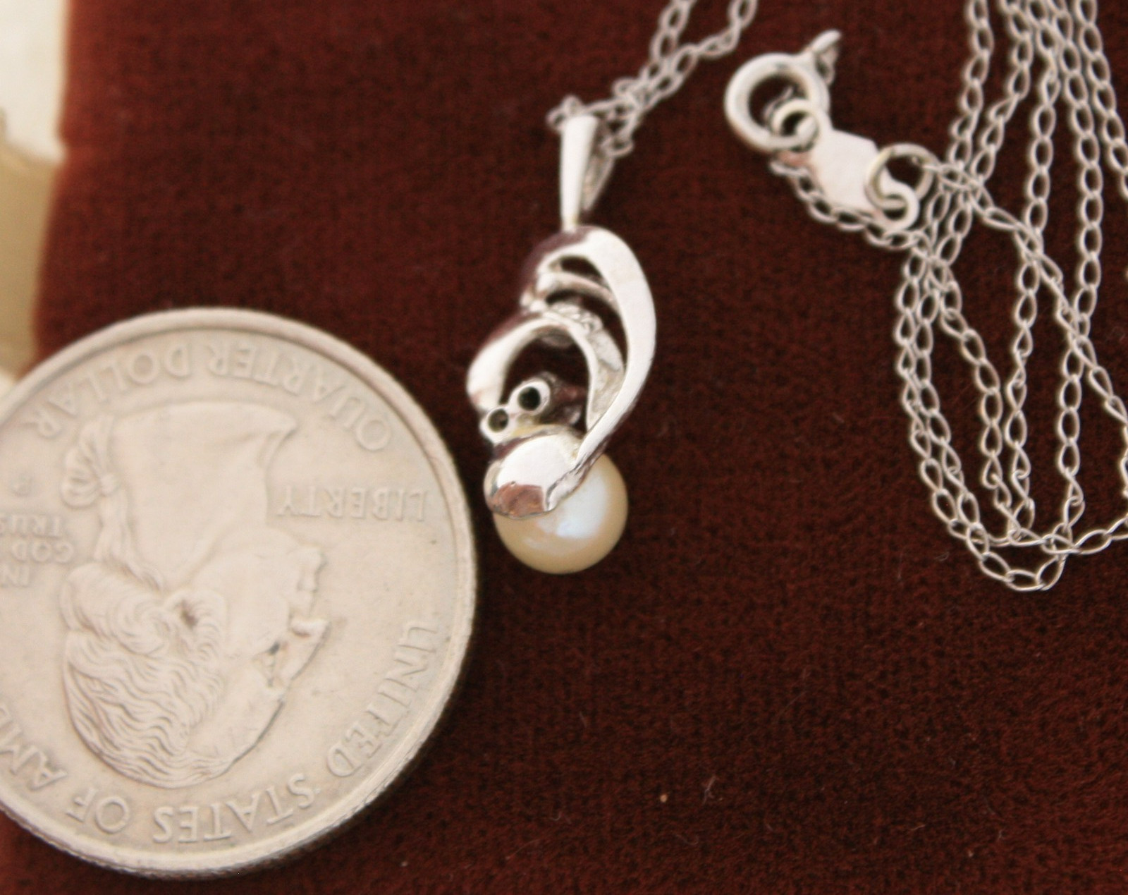 14K Solid White Gold Genuine Pearl, Diamonds Pendant & Chain Necklace 16″ in Box
