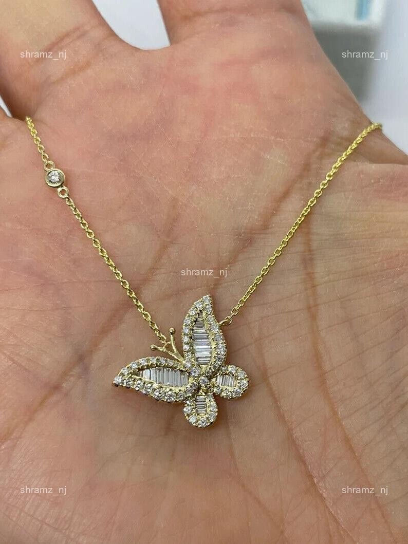 14K Solid Yellow Gold Diamond Prong Elegant Butterfly Cluster Necklace Jewelry