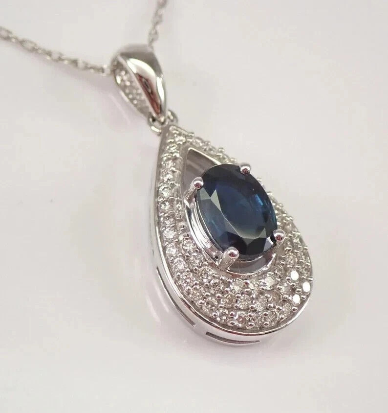 2Ct Oval Cut Lab Created Blue Sapphire Halo Pendant 14K White Gold Plated 18”