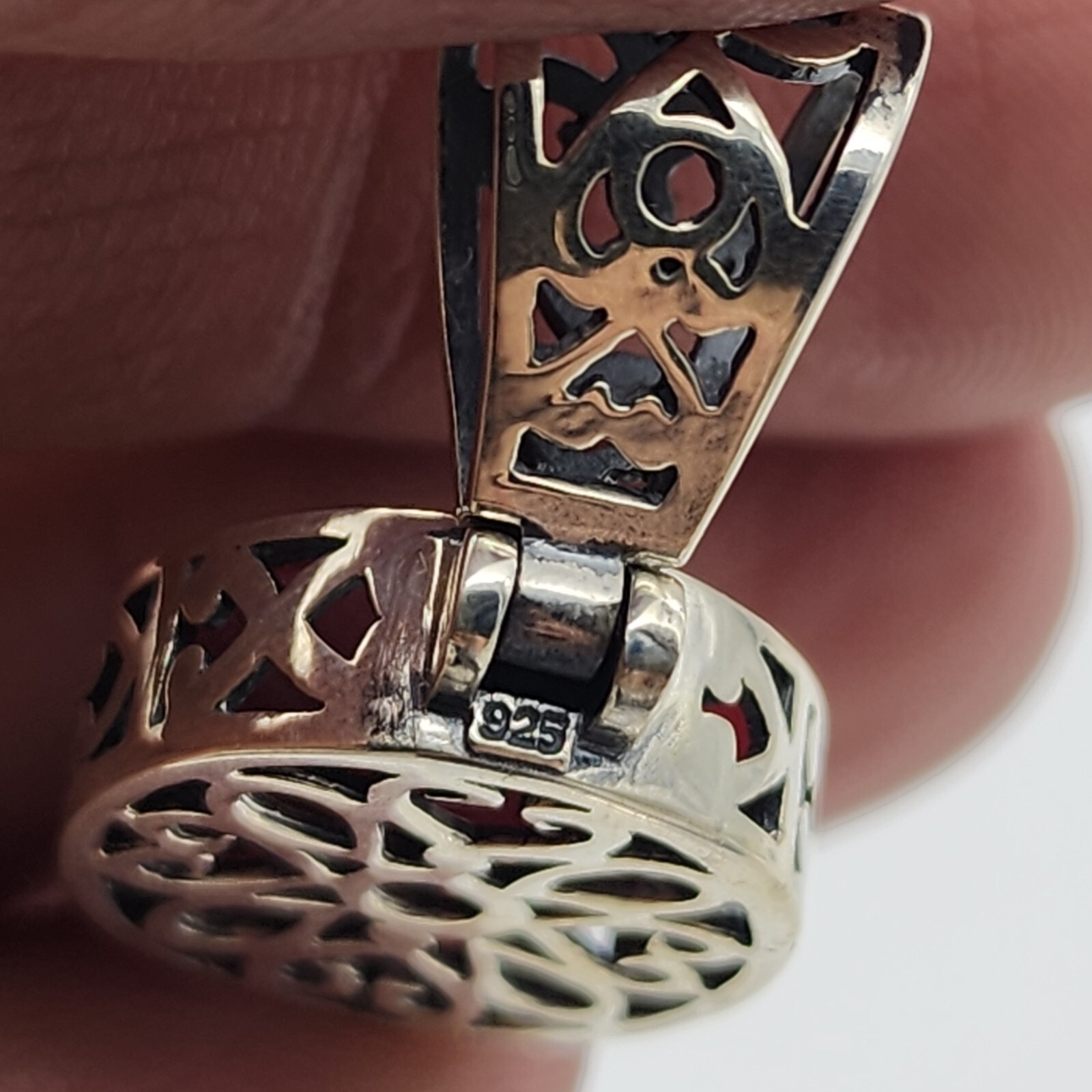 Sterling Silver 925 Red Plastic Resin – Open Work Asian Motif Pendant