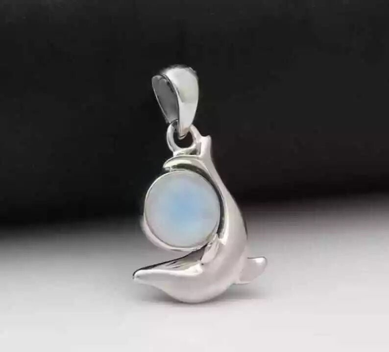 Rainbow Moonstone Dolphine Designer Silver Pendant Wedding Gift for Her & Him