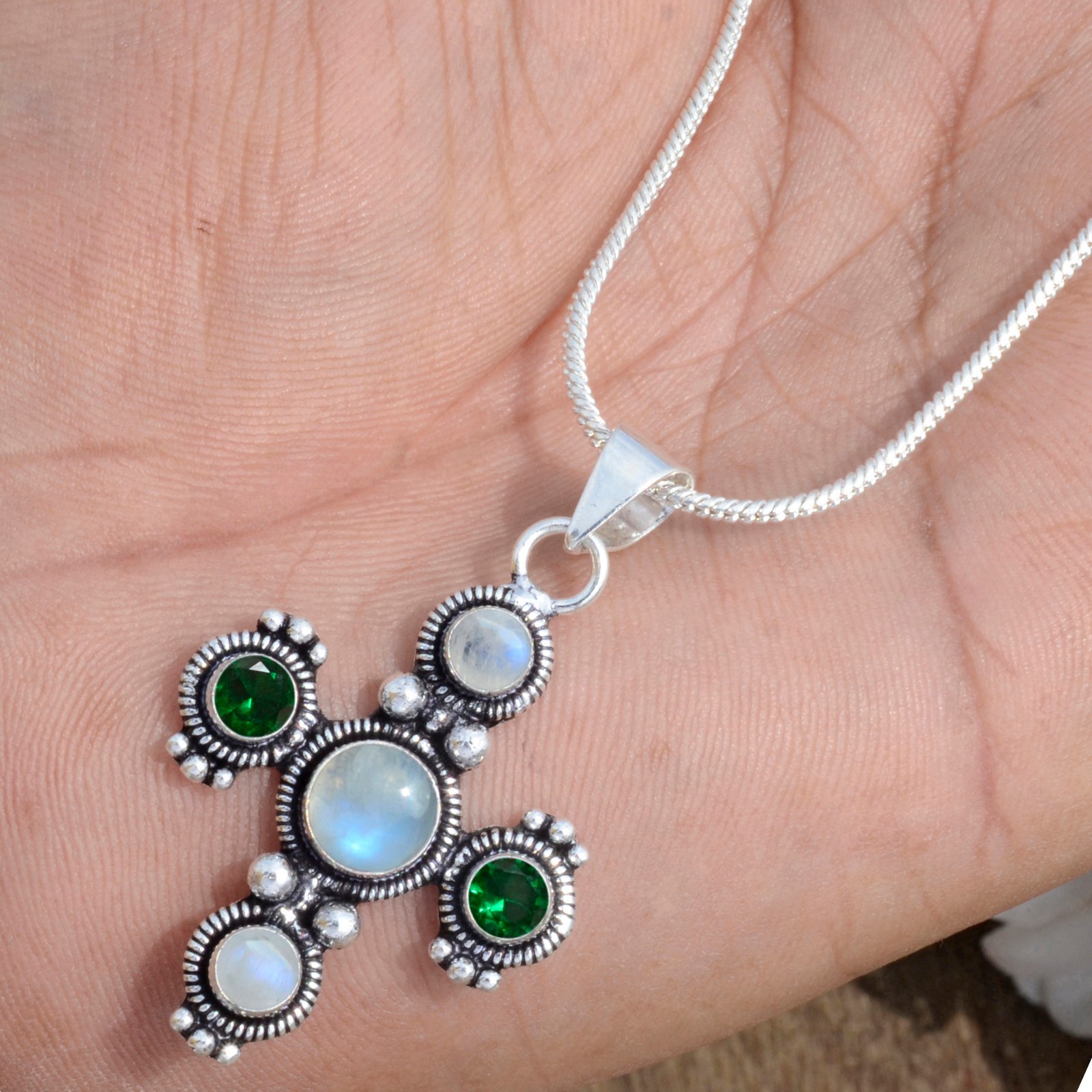 Moonstone Chrome Diopside Gemstone Cross 925 Sterling Silver Beauty Art Pendant