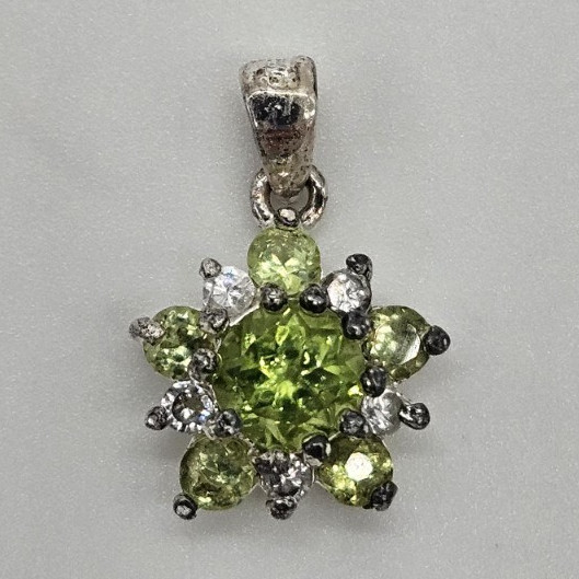 925 Sterling Silver Peridot Flower Pendant, Round Green Stone Prong Set