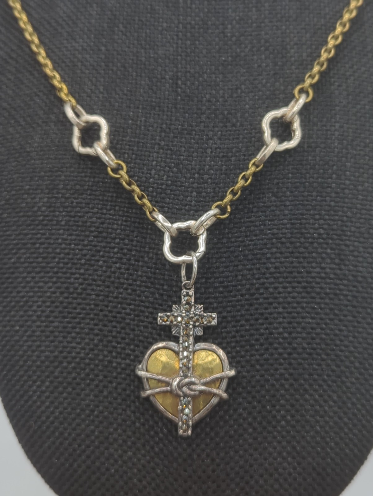 Waxing Poetic Heart Of Loreto Cross Pendant Necklace Sterling & Brass, 925