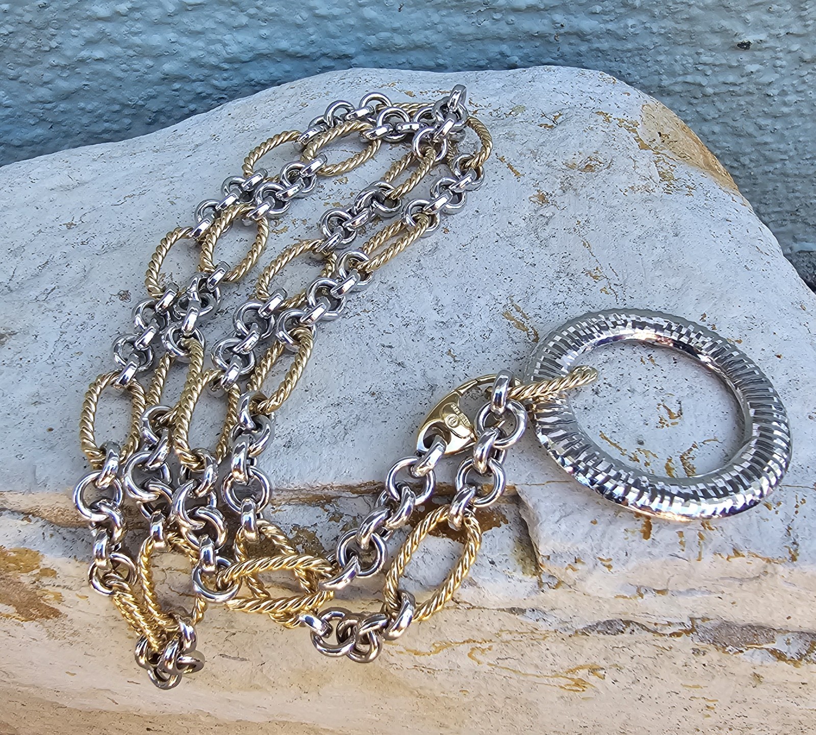 14k Solid Yellow & White Gold Chain Necklace Adjustable Up To 21.5″ ITALY 15.7gr