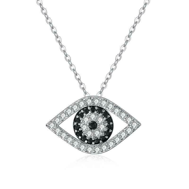 1Ct Round Diamond Black & White Evil Eye Pendant Necklace 18″ 14K White Gold FN
