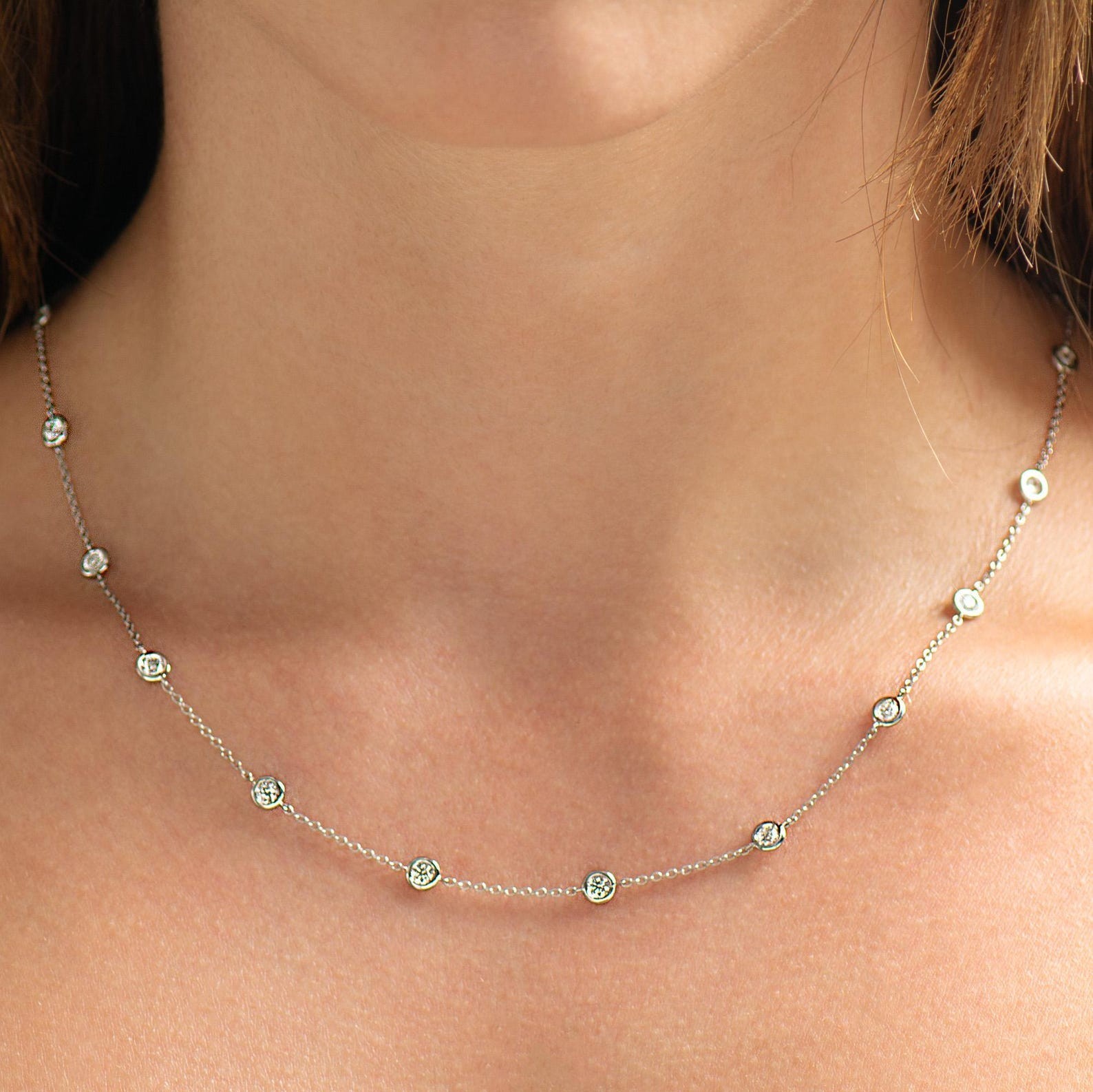 Station 18″ Necklace Station Round Cut Natural Diamond GH-SI 14k White Gold