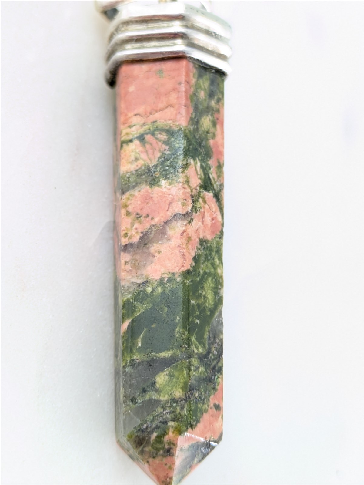 Vintage Solid Sterling Silver Pink Green Unakite Crystal Point Pendant 8 Grams