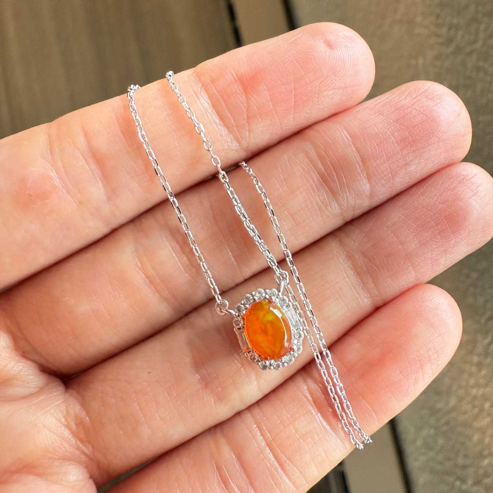 925 Sterling Silver Necklace 7x6mm Natural Fire Opal Gemstone Zircon Women Cute