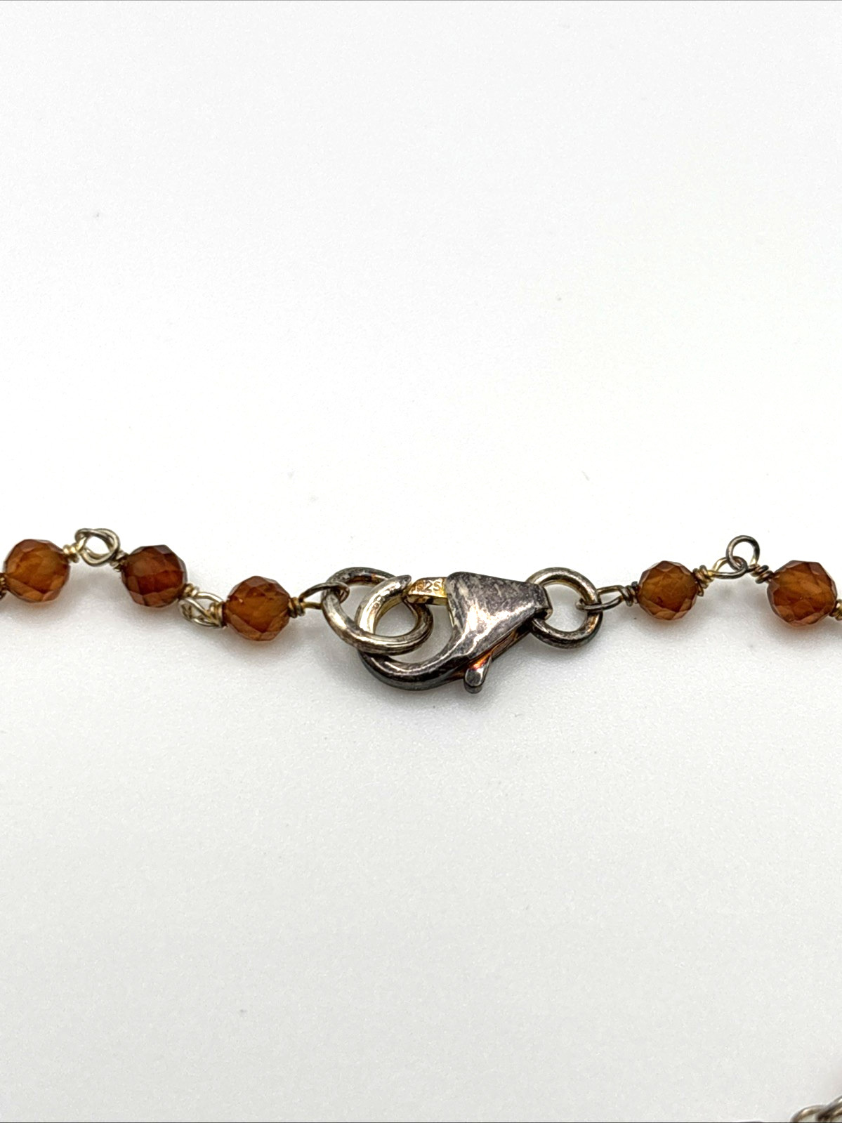 Hessonite Garnet Bezel Link Necklace 20” 925 Sterling Silver India Brown Gem