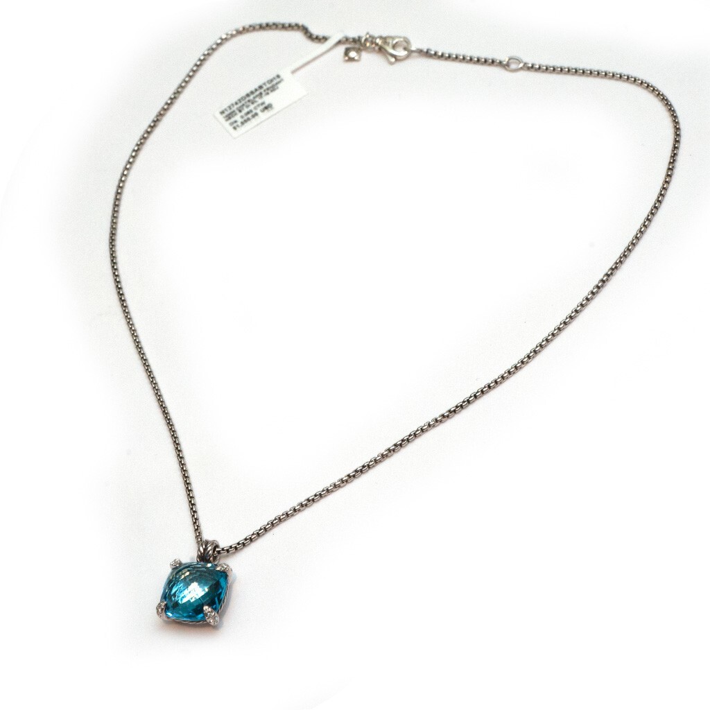 DAVID YURMAN Blue Topaz Silver Diamond 14mm Chatelaine Pendant 18″ Necklace New
