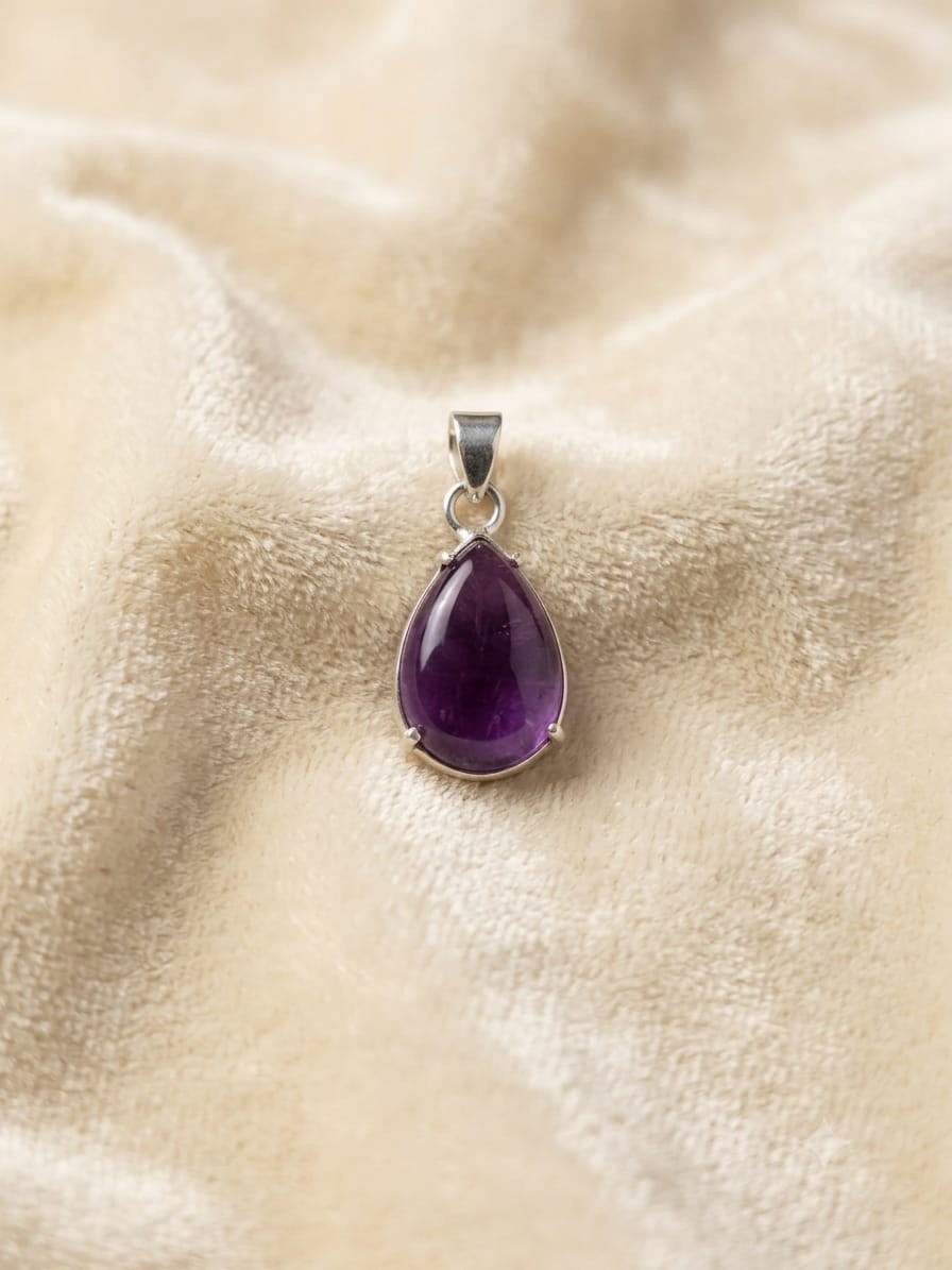 Purple Gemstone Teardrop Pendant Silver Tone Pear Crystal Boho Minimalist Gift