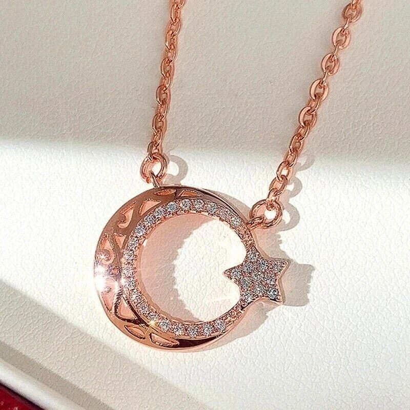 1Ct Lab Created Diamond Round Star Moon Pendant 14K Rose Gold Plated Free Chain
