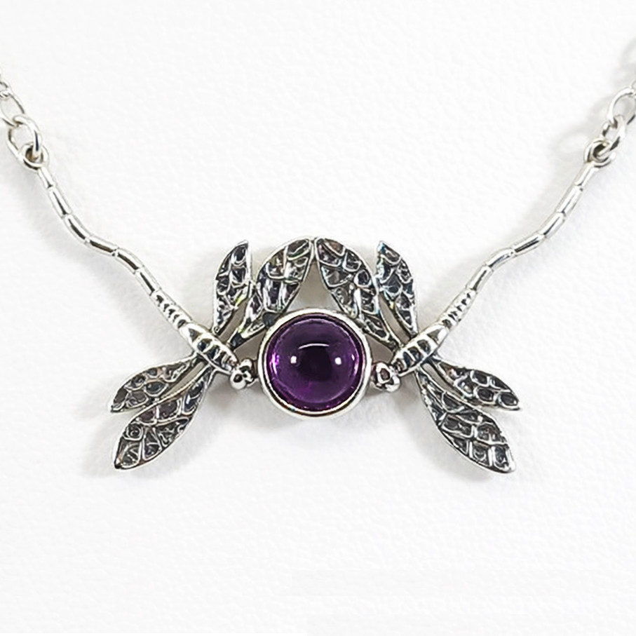 Vintage 925 Sterling Silver Natural Amethyst Double Dragonfly Necklace