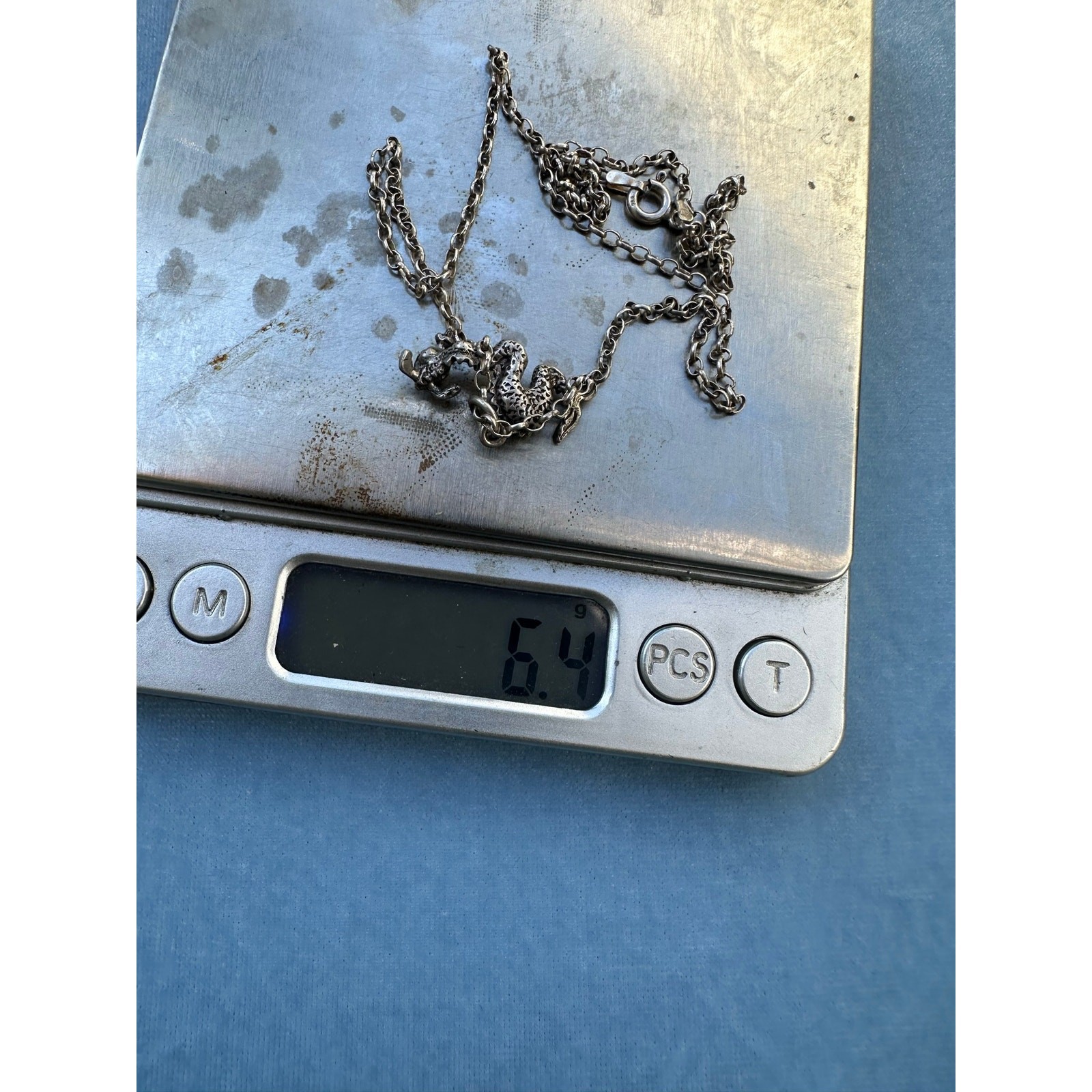 Vintage 925 Sterling Silver Chinese Dragon Pendant Necklace Serpentine Charm