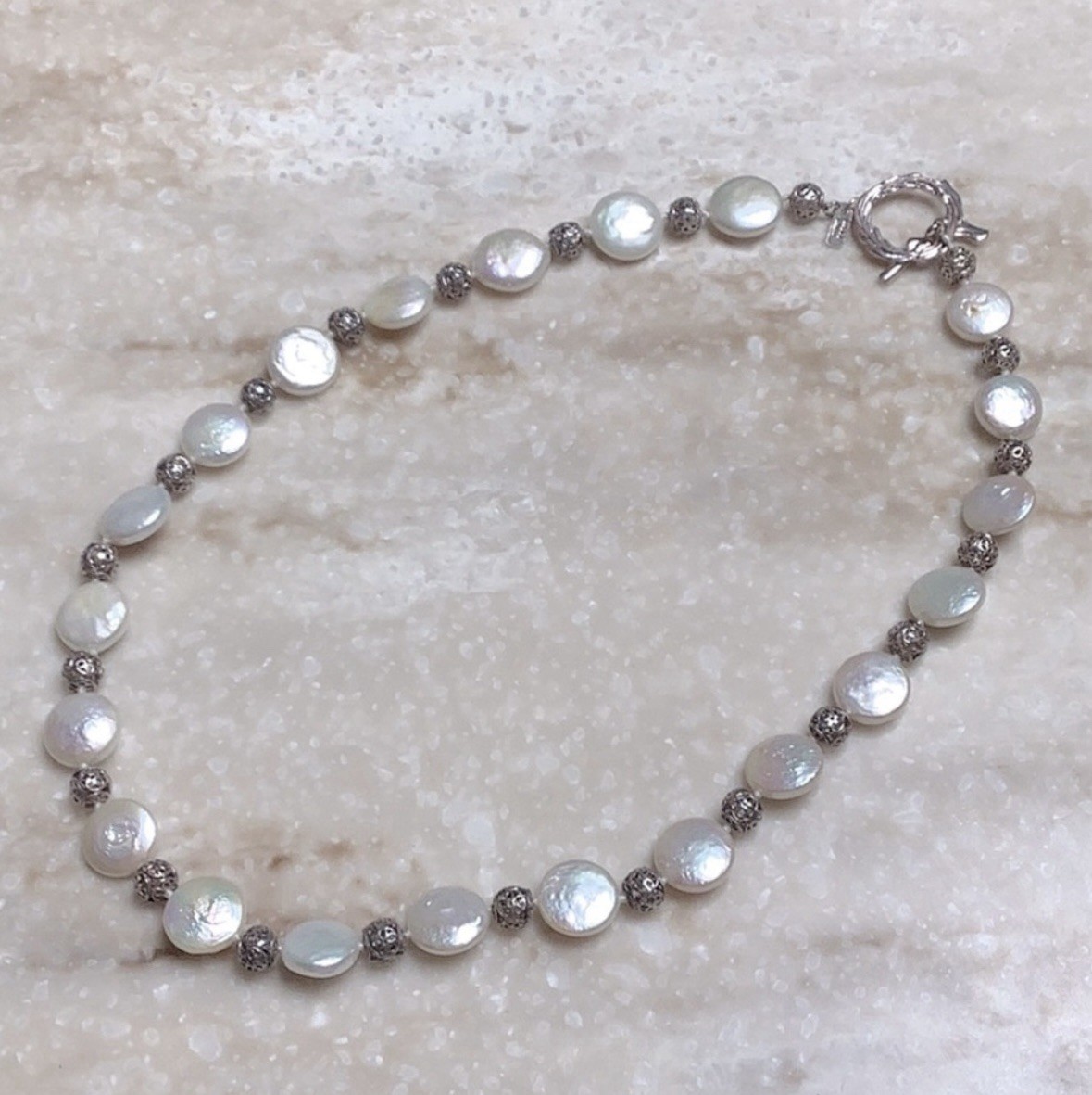 925 Silver & Coin Pearl Necklace Toggle Clasp 18 Inches NWOT