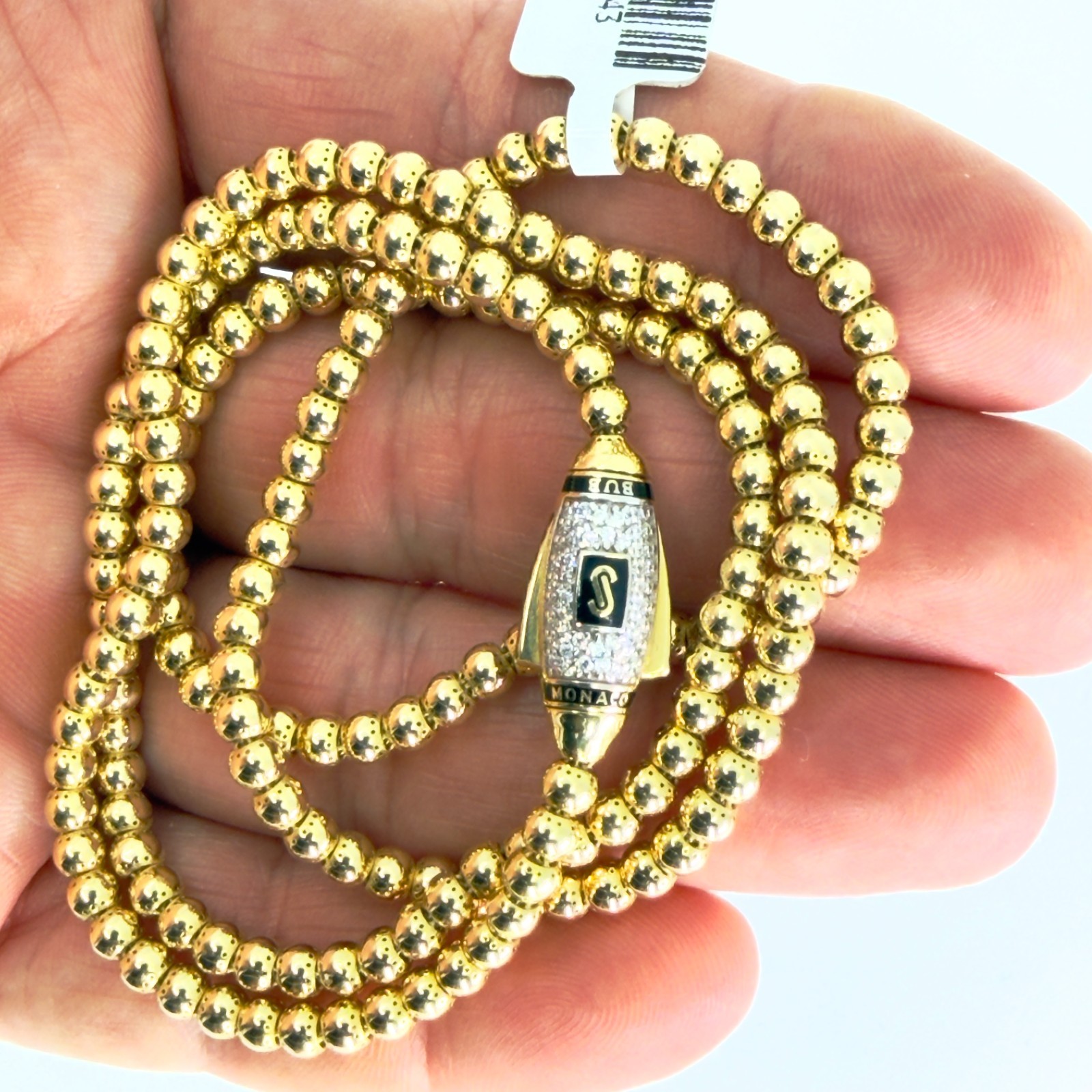 Monaco Chain BUB Pave Lock Necklace 14K Gold 3.8mm 24 inch Swarovski Mens