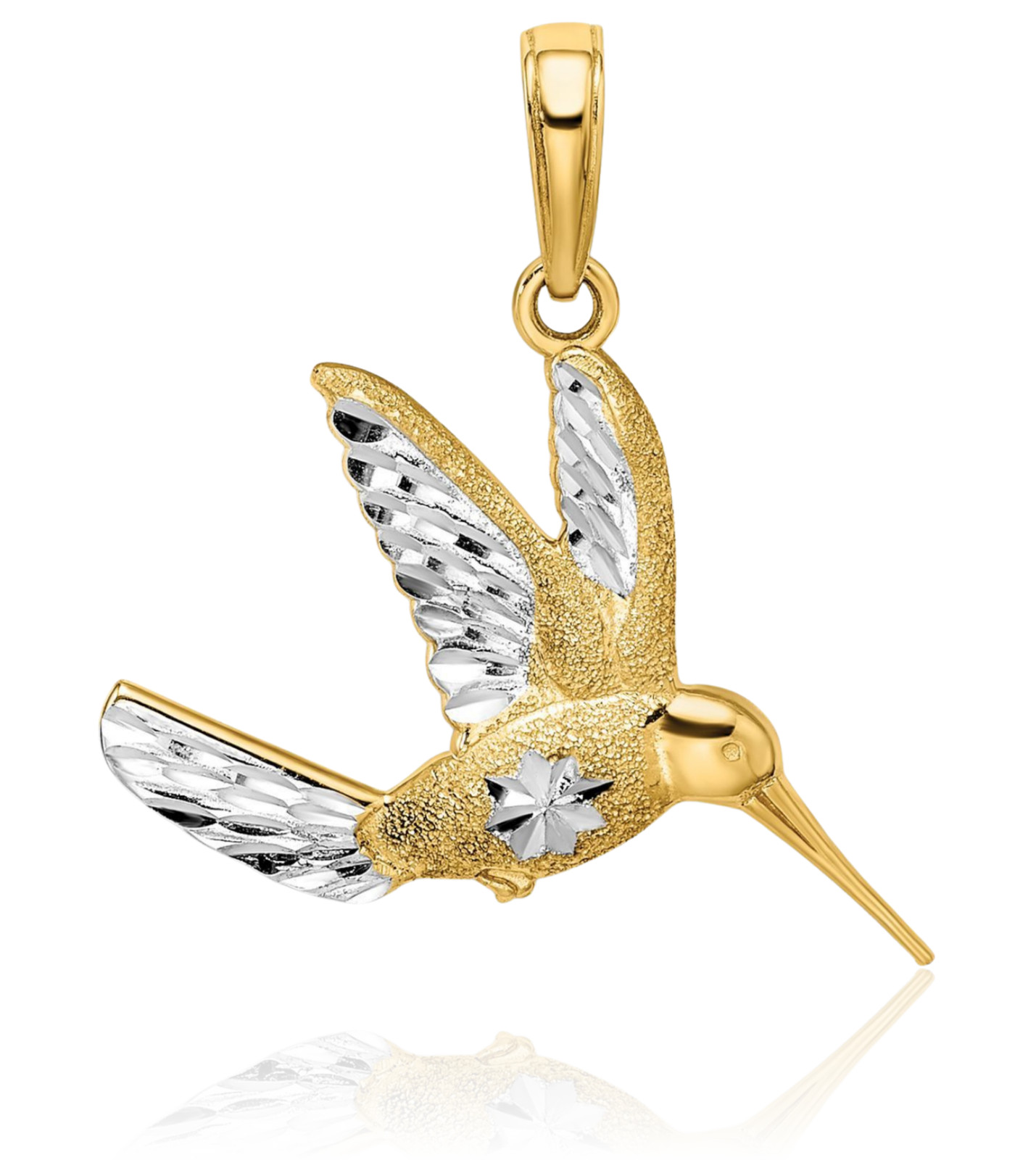 14K Solid Yellow Gold Medium Hummingbird Pendant Necklace 21.64mm 7/8 inch