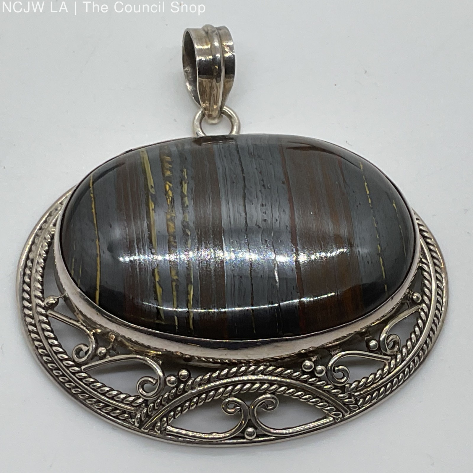 Sterling Silver 45mm Iron Tiger’s Eye 2.5″ Pendant- 47.74g