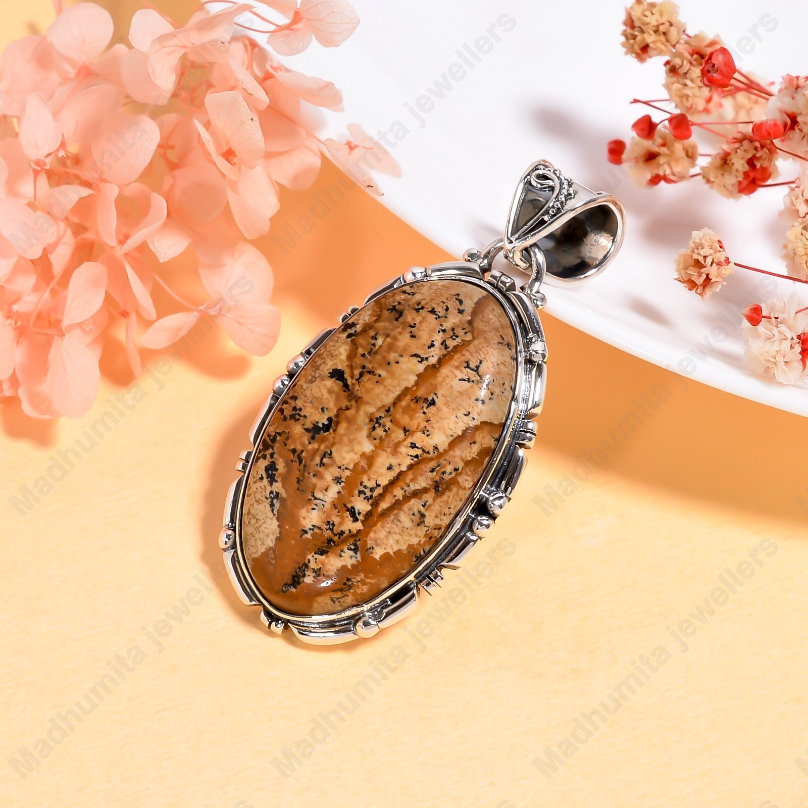 Picture Jasper Gemstone 925 Sterling Silver Handmade Gift Pendant For Her