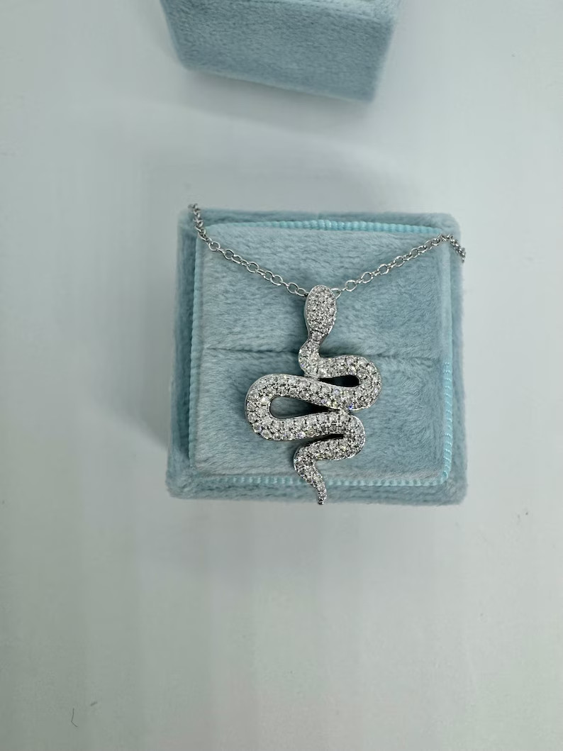 2Ct Round Cut Real Moissanite Snake Pendant 14K White Gold Plated Silver