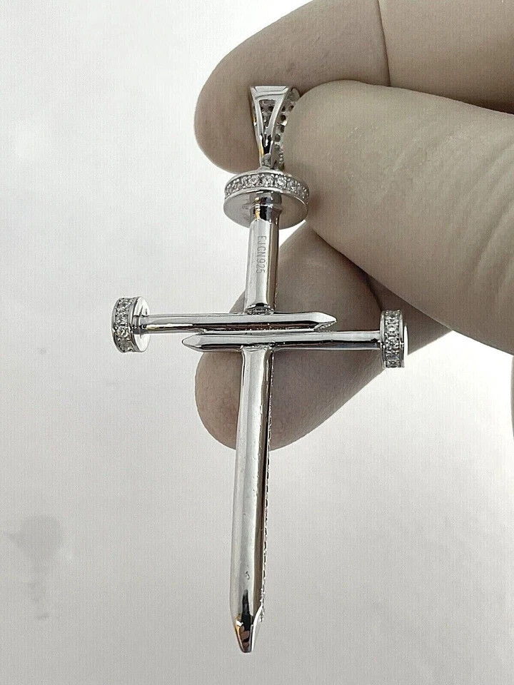 1.00Ct Lab Created Diamond Round Nail Cross Pendant 14K White Gold Silver Plated