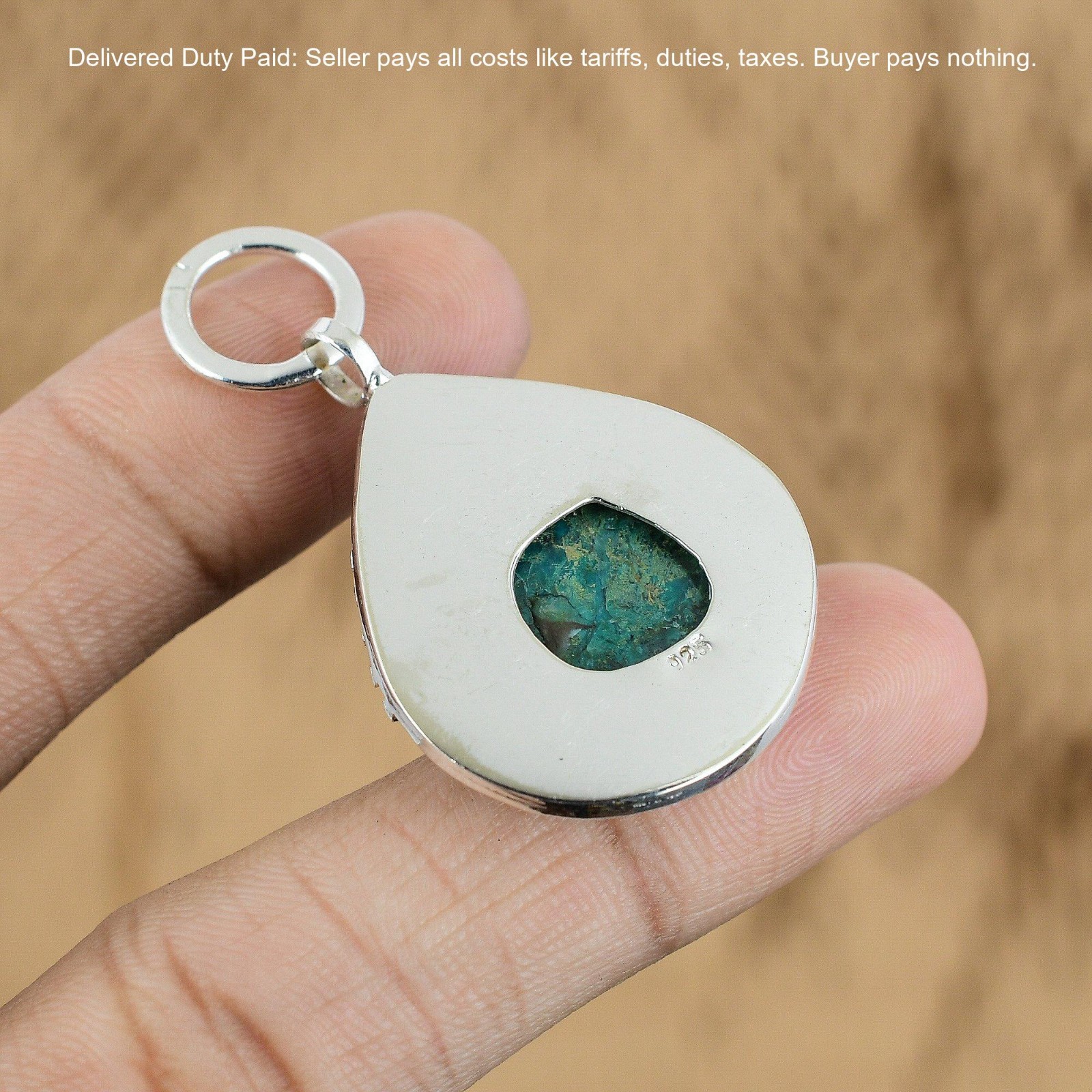 925 Sterling Silver Oval Chrysocolla Gemstone Throat Chakra Boho Pendant Jewelry