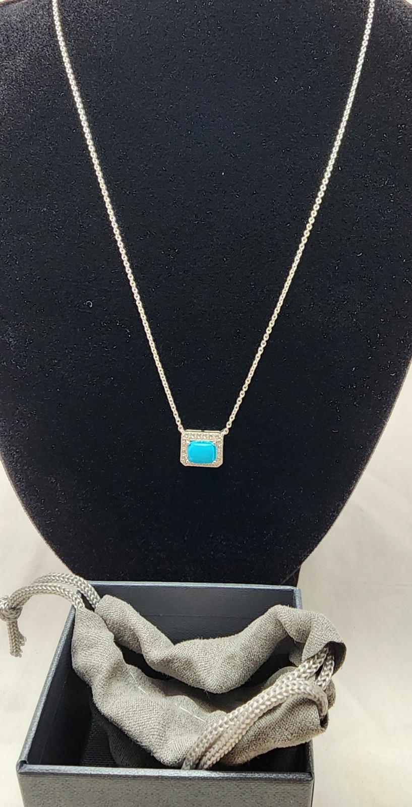 Wonderful Sterling Silver Turquoise Clear Stone Rectangle MLD 18” Necklace