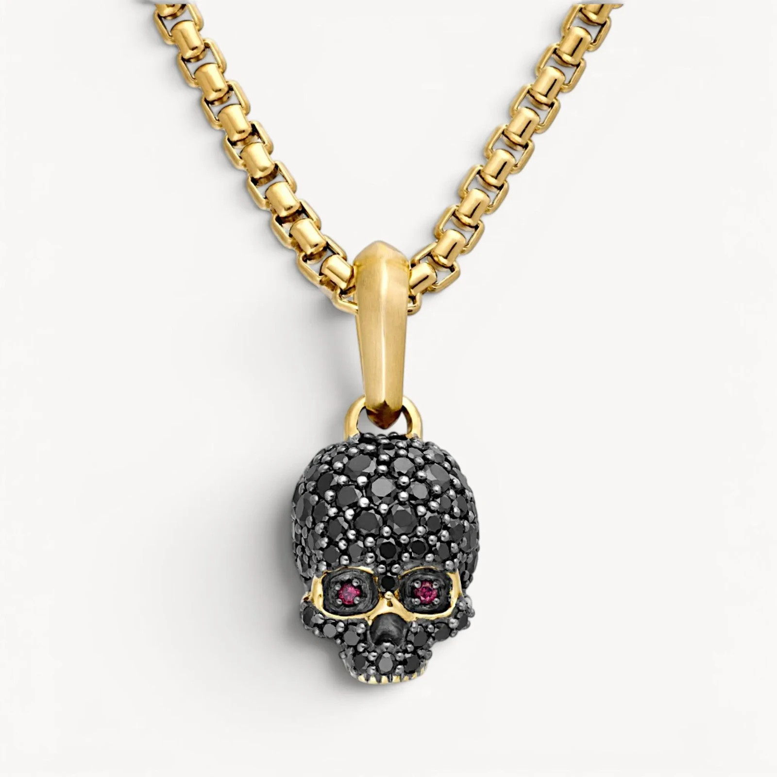 David Yurman Memento Mori Skull Pendant 18K Yellow Gold Black Diamond Pave, Ruby