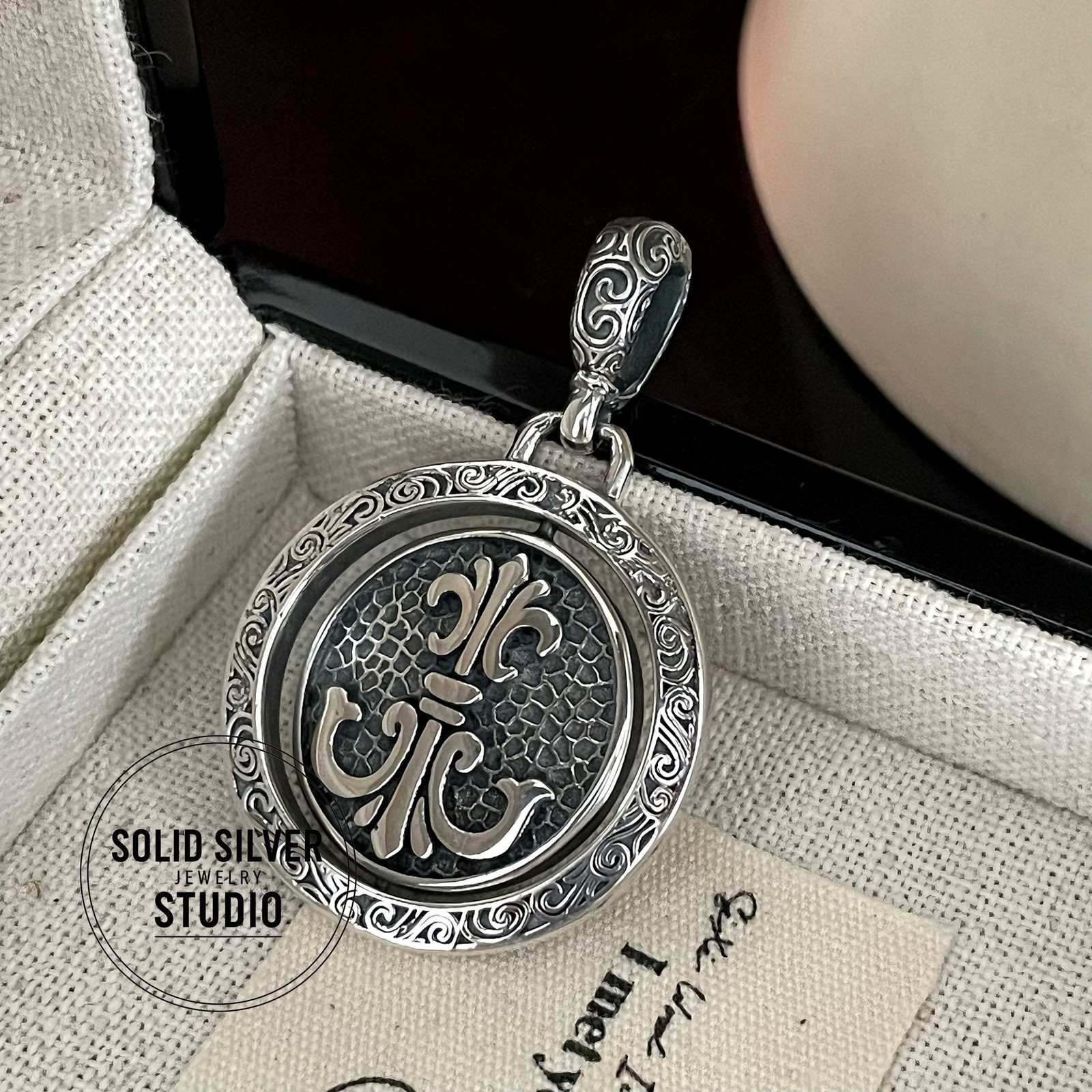 Spinner Compass&Fleur de Lis Pendant 925 Silver Amulet Vintage Medallion Jewelry