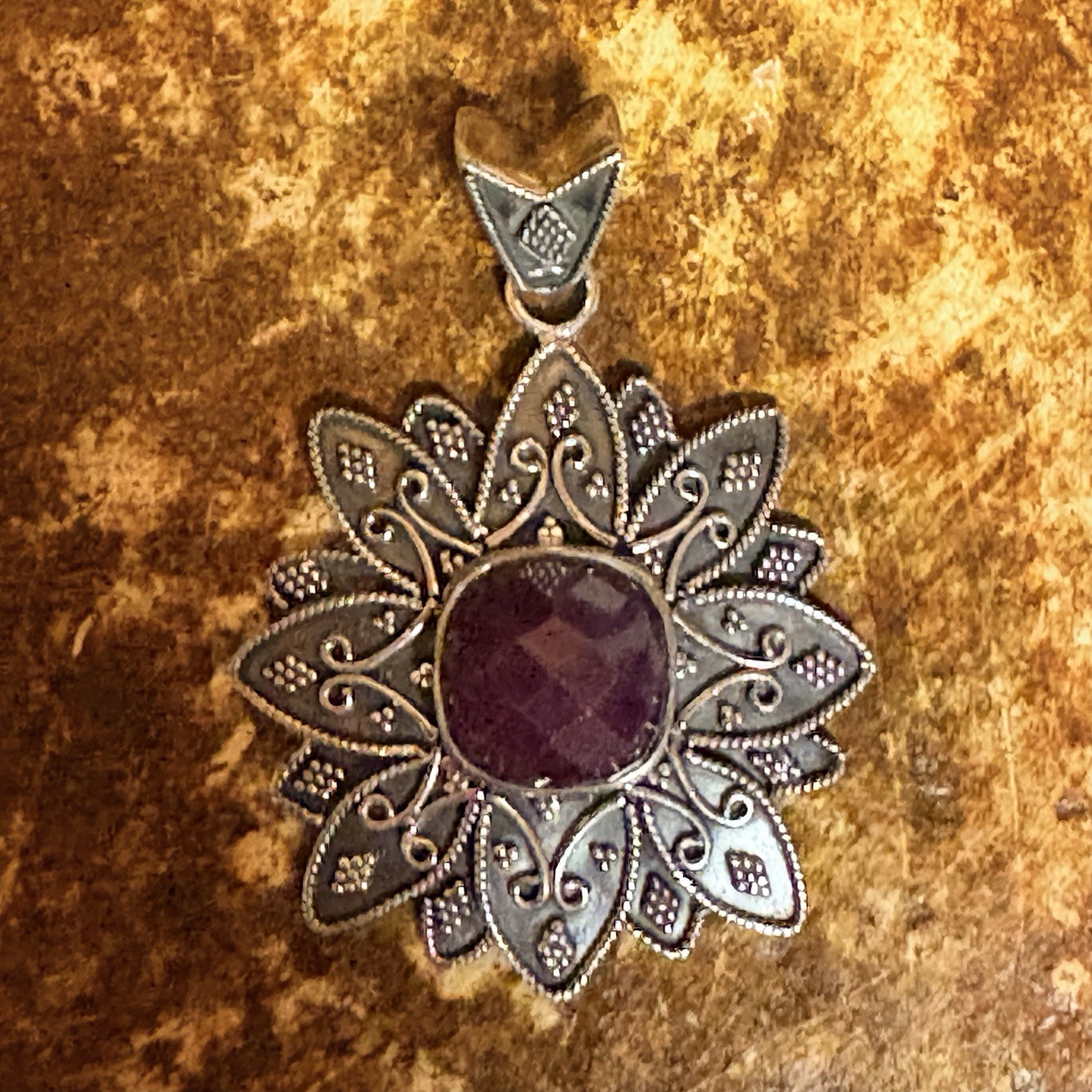 Sterling Silver and Ruby Pendant by SI Made in India Bali Style Vintage