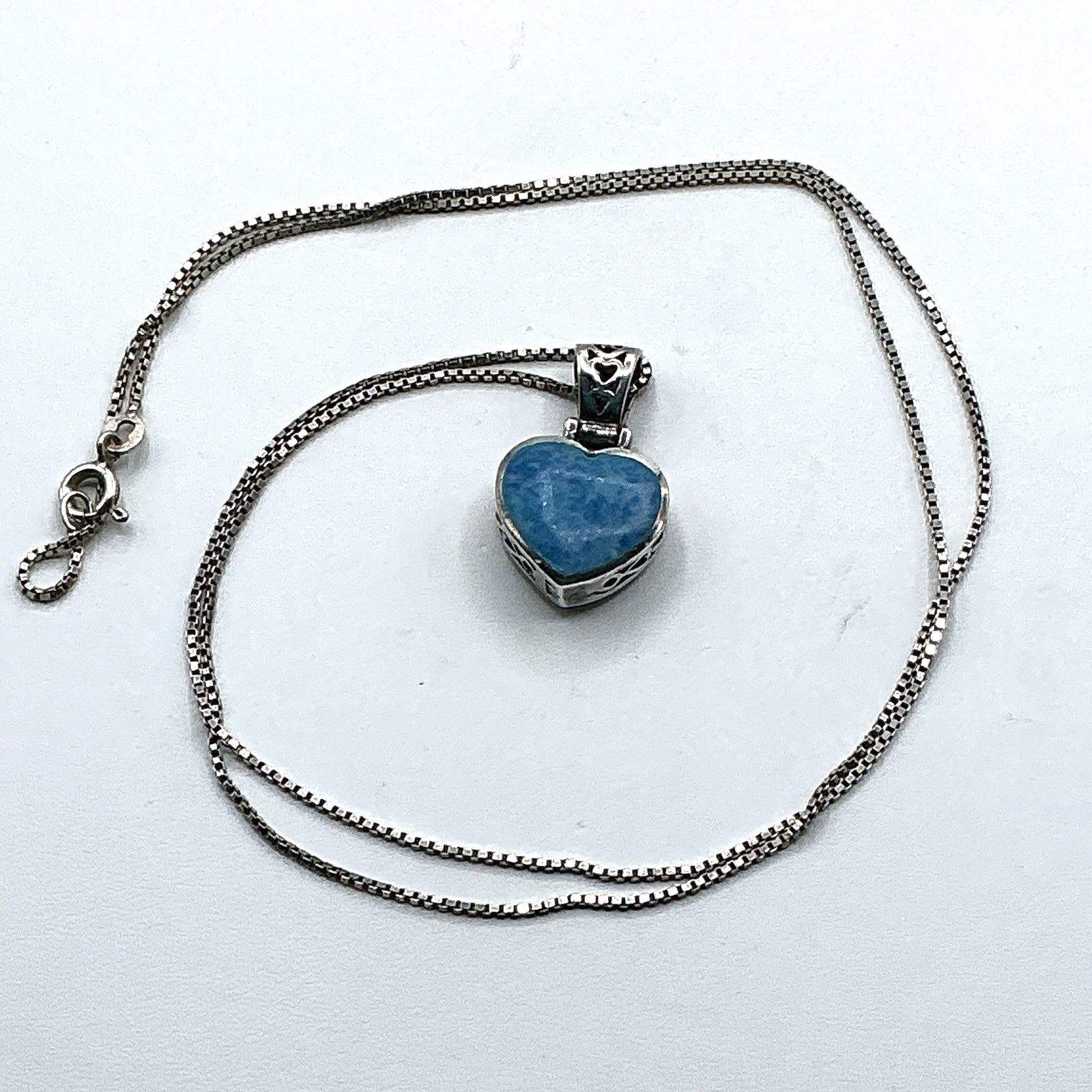 Sterling Silver Reversible Heart Pendant Blue Stone Mother Of Pearl 24” Necklace