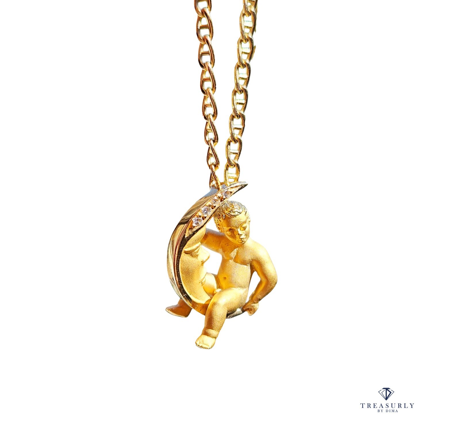 Carrera y Carrera Diamond Crescent Moon Child Angel 18K Gold Pendant Necklace