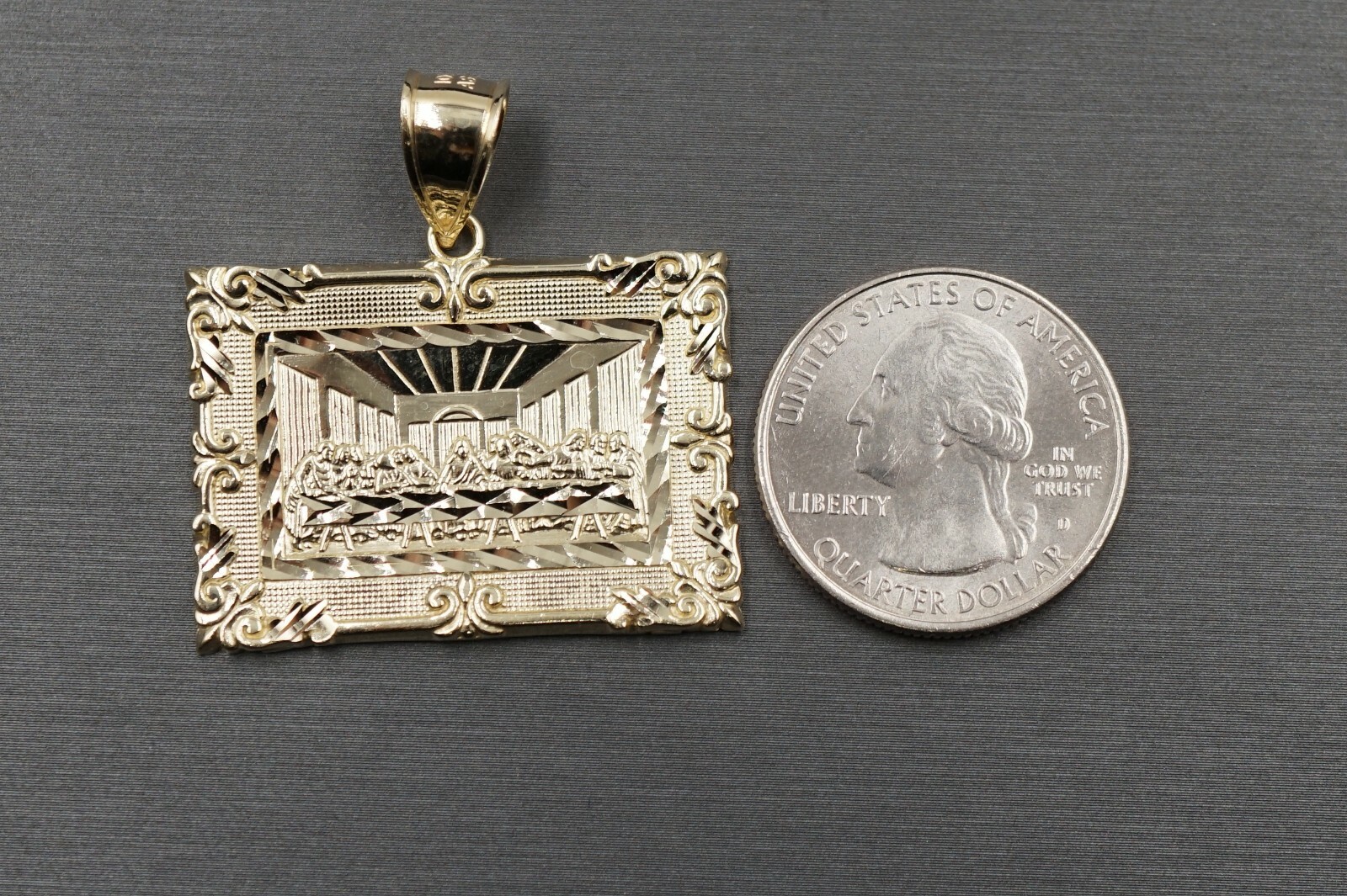 10K Solid Yellow Gold 1.45″ Diamond Cut Picture Flame Last Supper Charm Pendant.