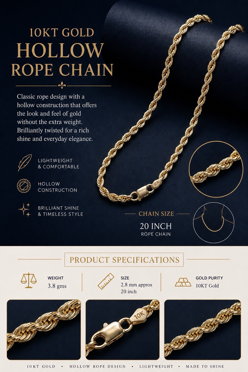 10kt Hollow Rope Chain