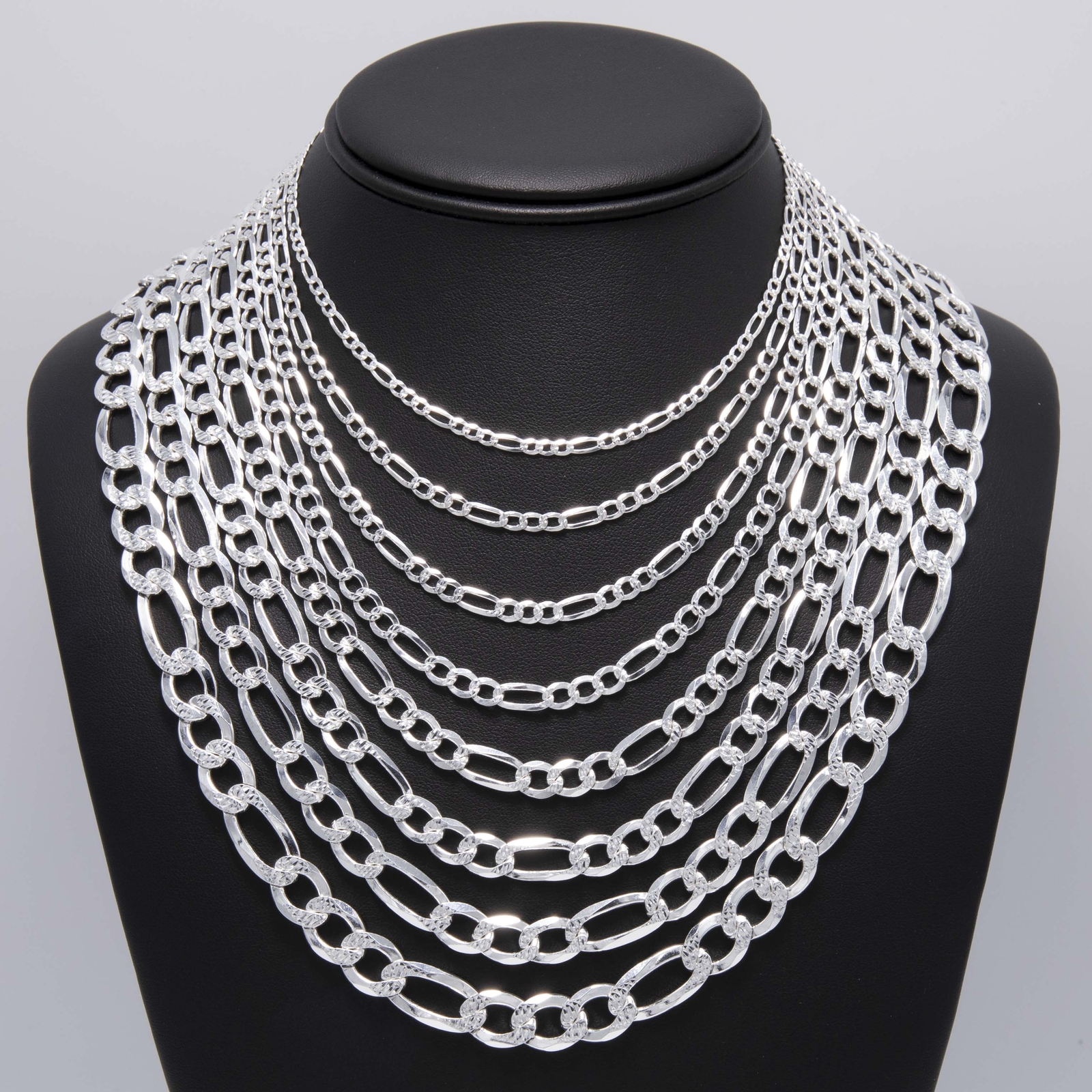 Diamond-Cut Reversible Figaro Chain Solid Sterling Silver 925 Italy All Sizes