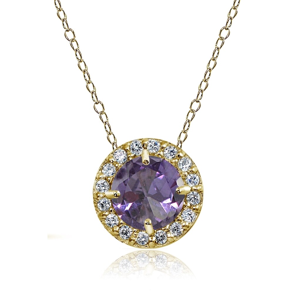Yellow Gold Flash Sterling Silver Simulated Alexandrite & CZ Round Halo Necklace