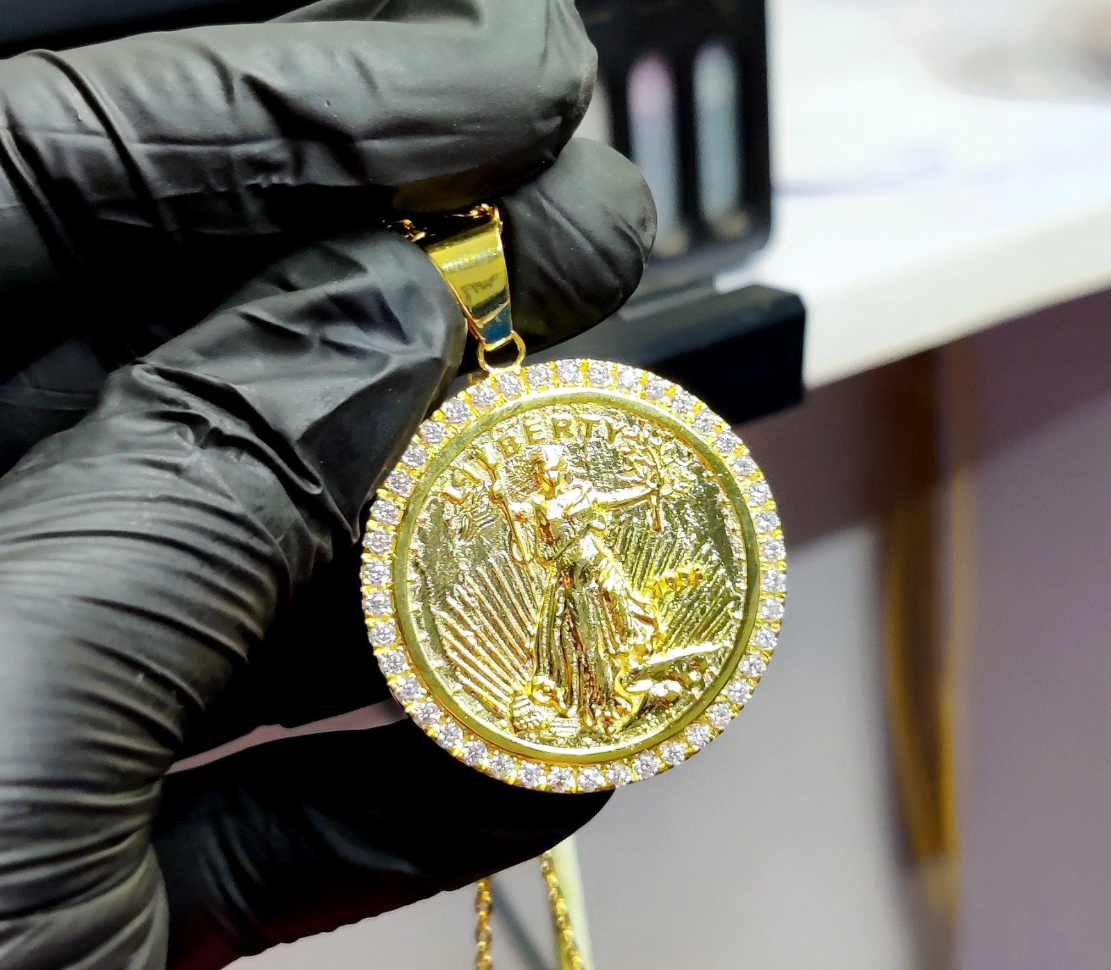 1.20Ct Round Cut Lab Created Diamond Liberty Coin Pendant 14K Yellow Gold Plated