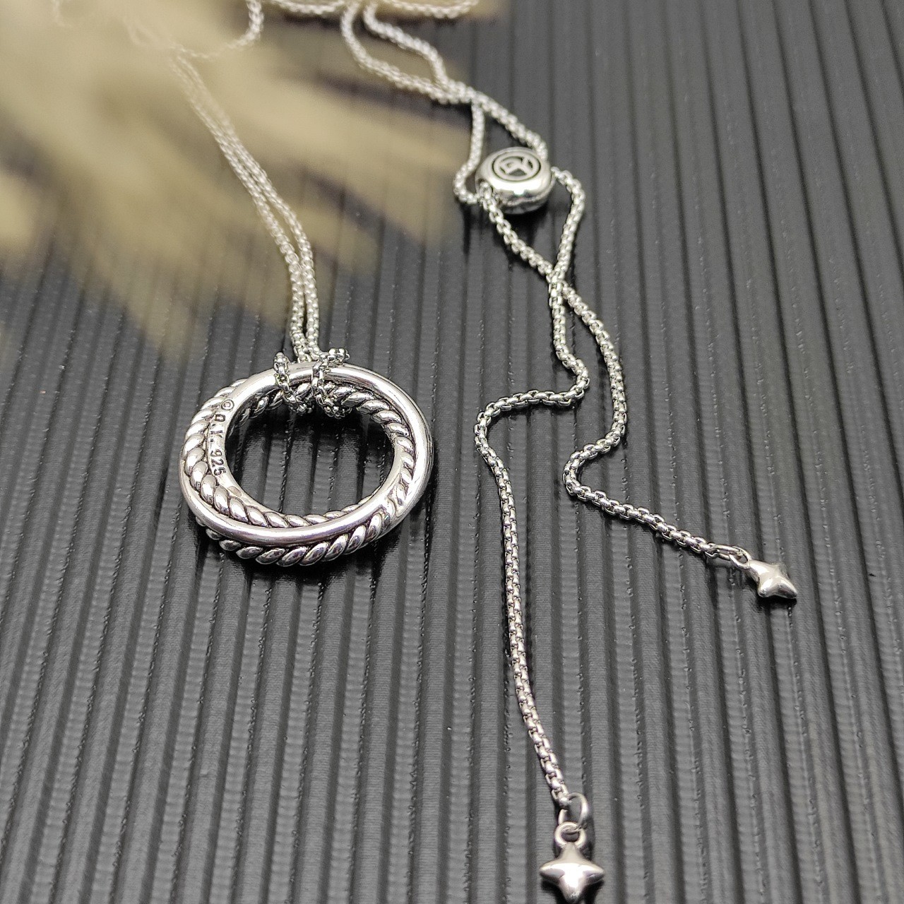 David Yurman Classic Cable Circle Pendant 925 Silver Diamond Slide Necklace 90cm