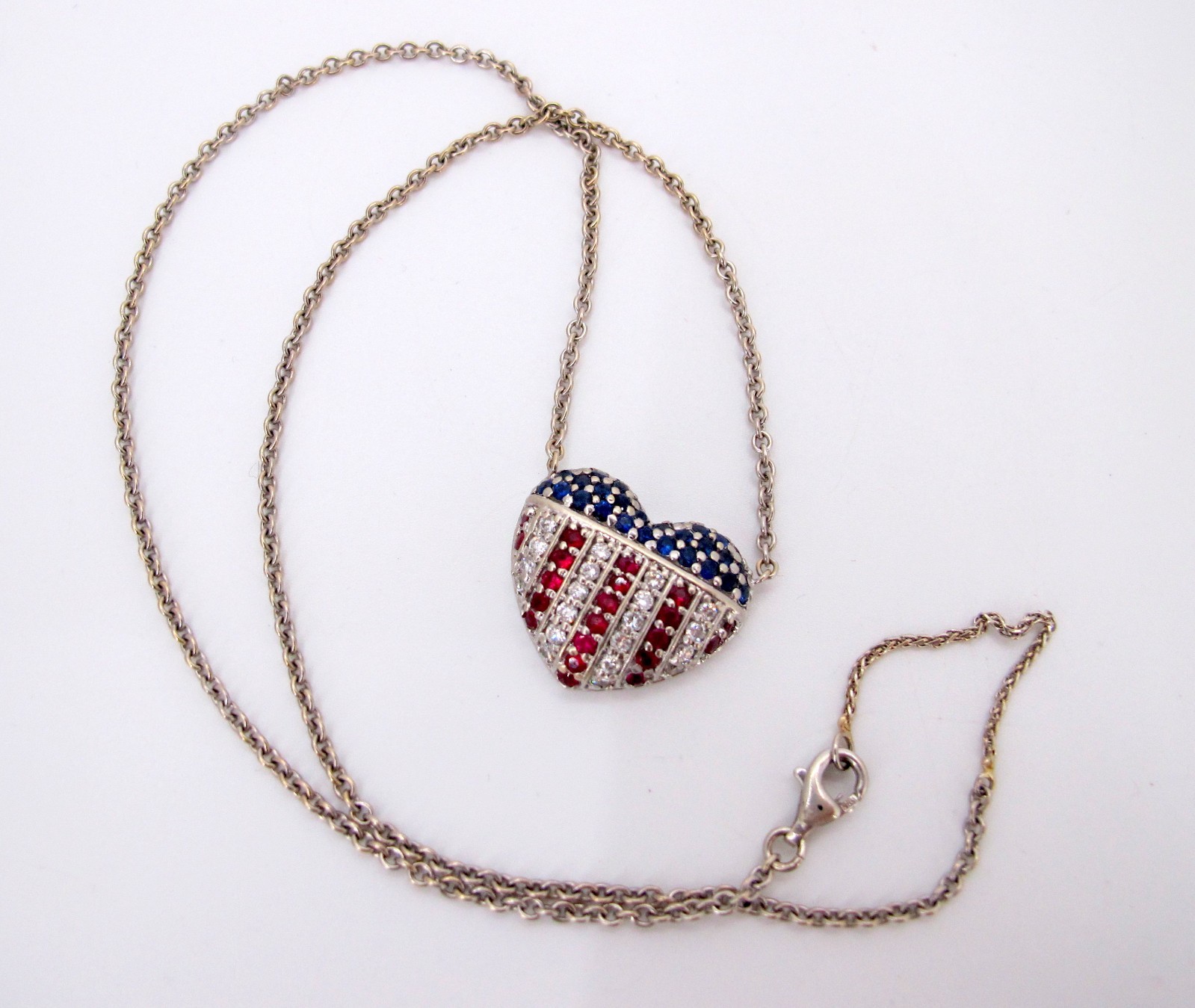 Stunning 14K White Gold Rubies-Diamonds-Sapphires Necklace 17″ Long “TC4033317”