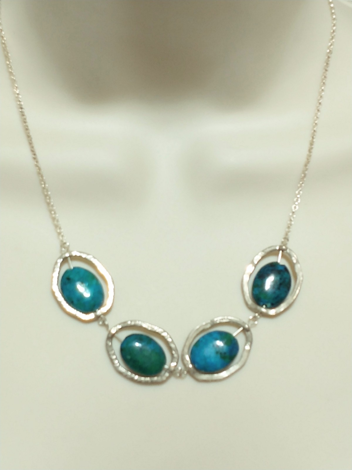 Sterling Silver 925 Four Polished Eilat Stones Necklace Made in Israel (Stamped)
