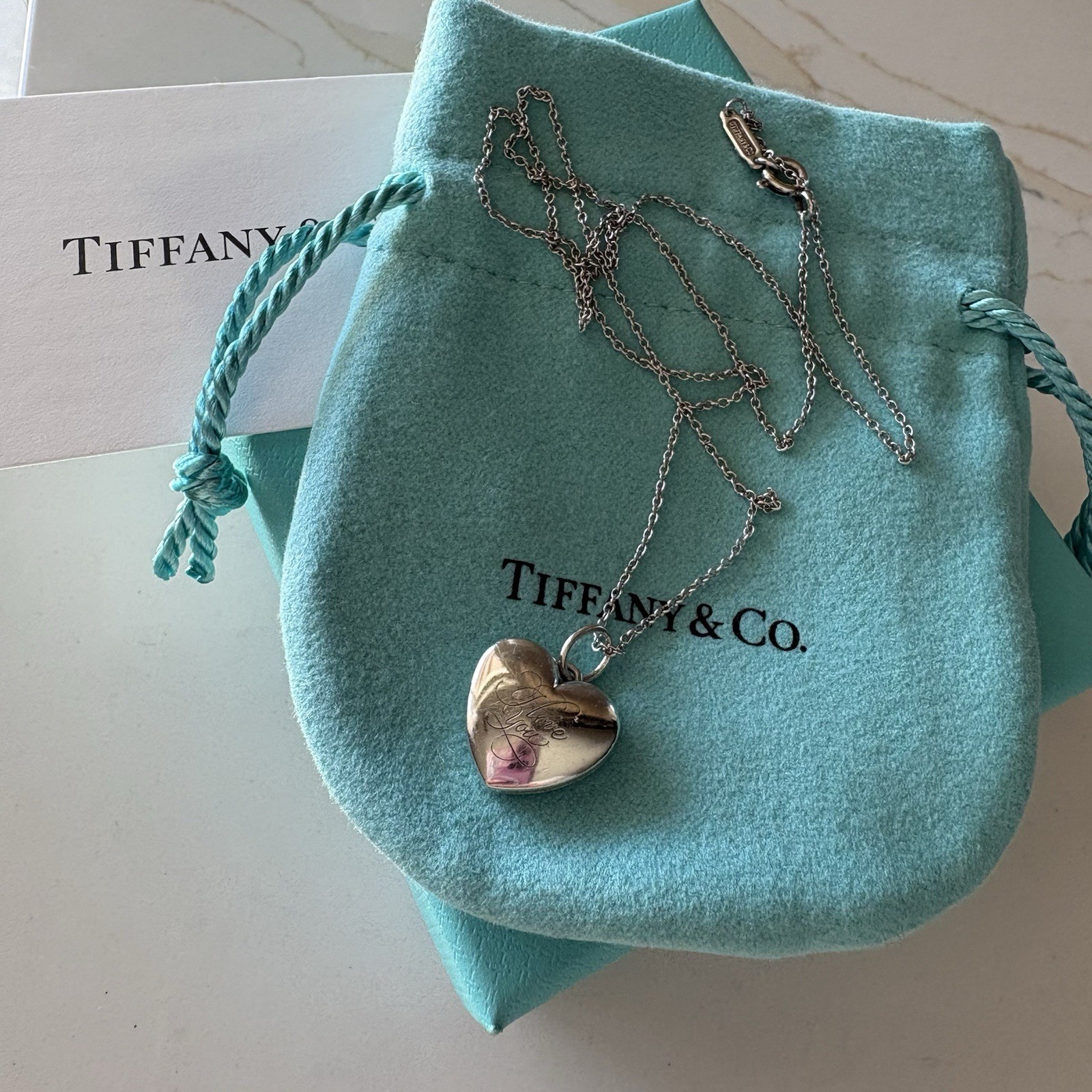Tiffany & Co. Sterling Silver I Love You Heart Locket Pendant w/18” Chain
