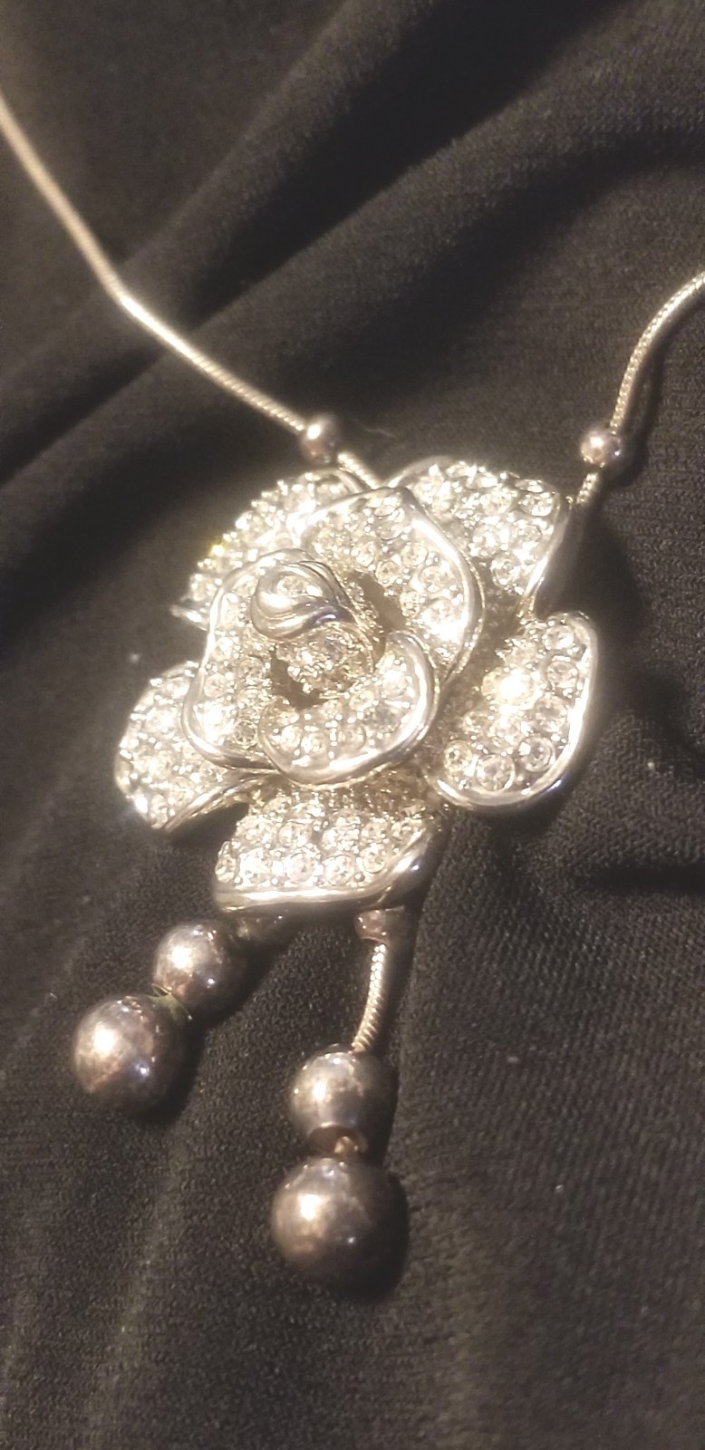 Pave Rose Pendant Necklace, 1″x2″ Pendant On 16 Inch Chain Marked Sterling
